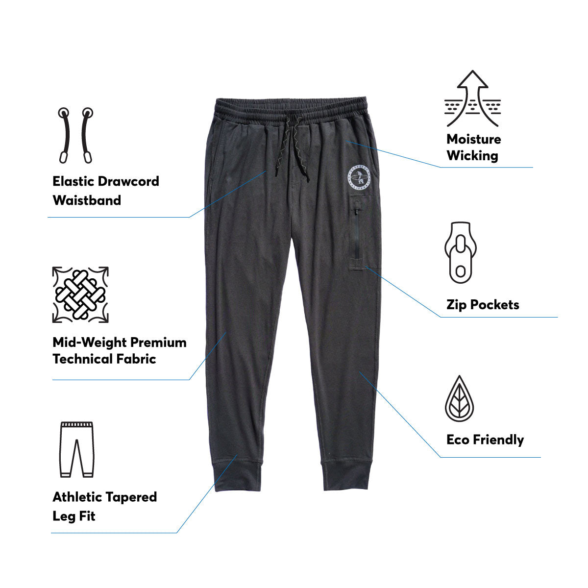 Black bayside performance joggers infographic calling out the features of the joggers, including an elastic drawcord waistband, mid-weight premium technical fabric with moisture wicking finish, zip pockets, and an athletic tapered leg fit.