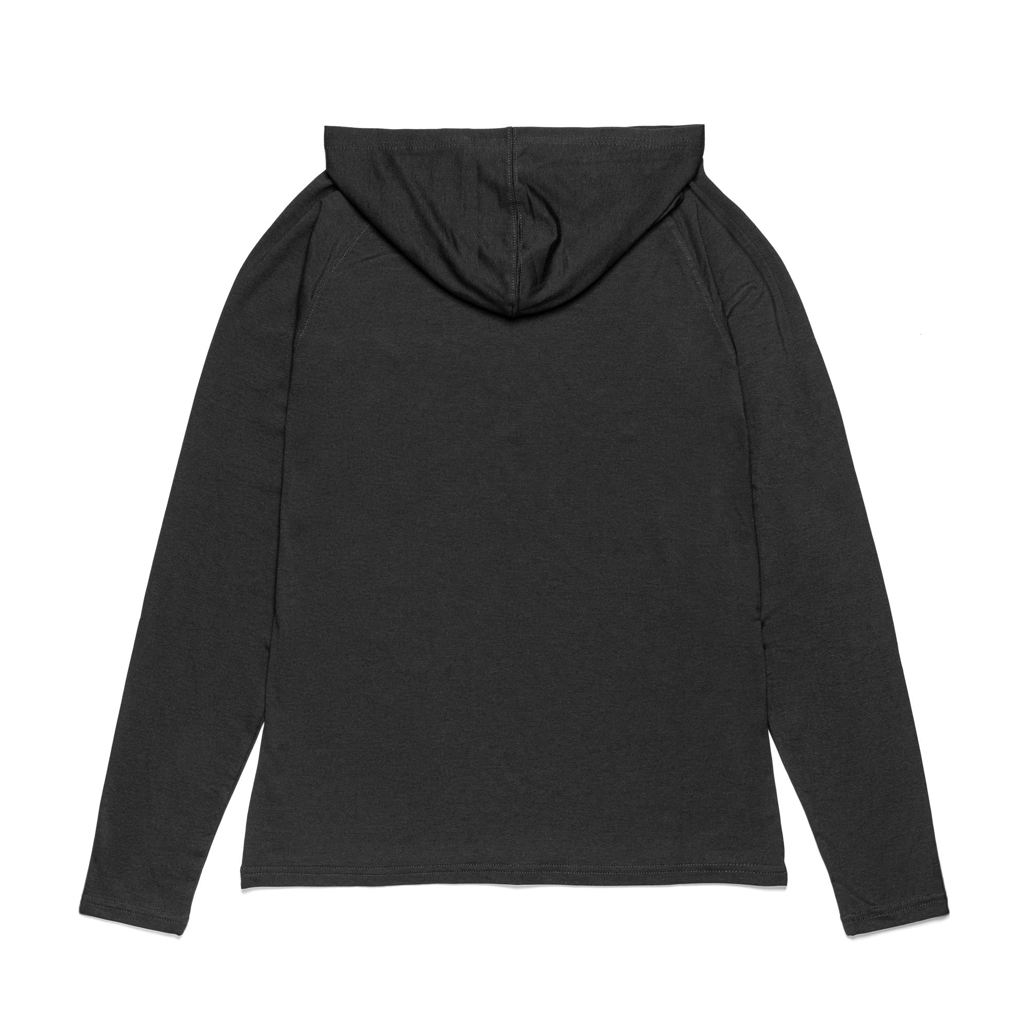 Back view of black UPF50+ sun protective hoodie with a hood, long sleeves