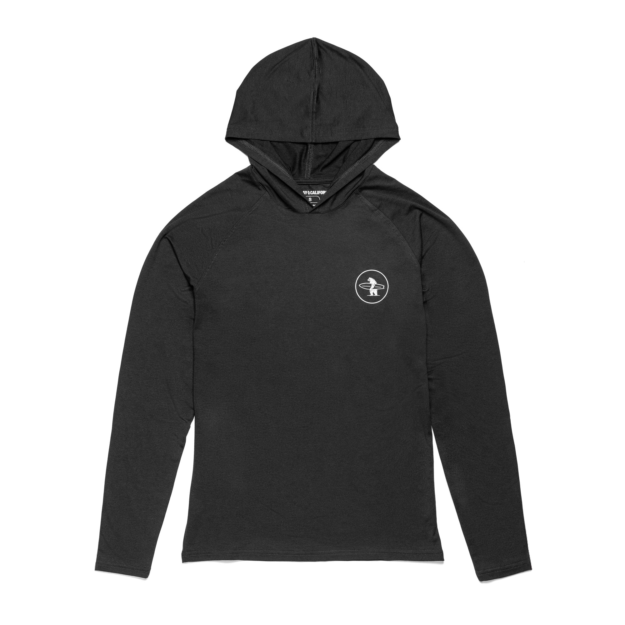 A black UPF50+ sun protective hoodie with a hood, long sleeves, and a graphic logo on the chest.