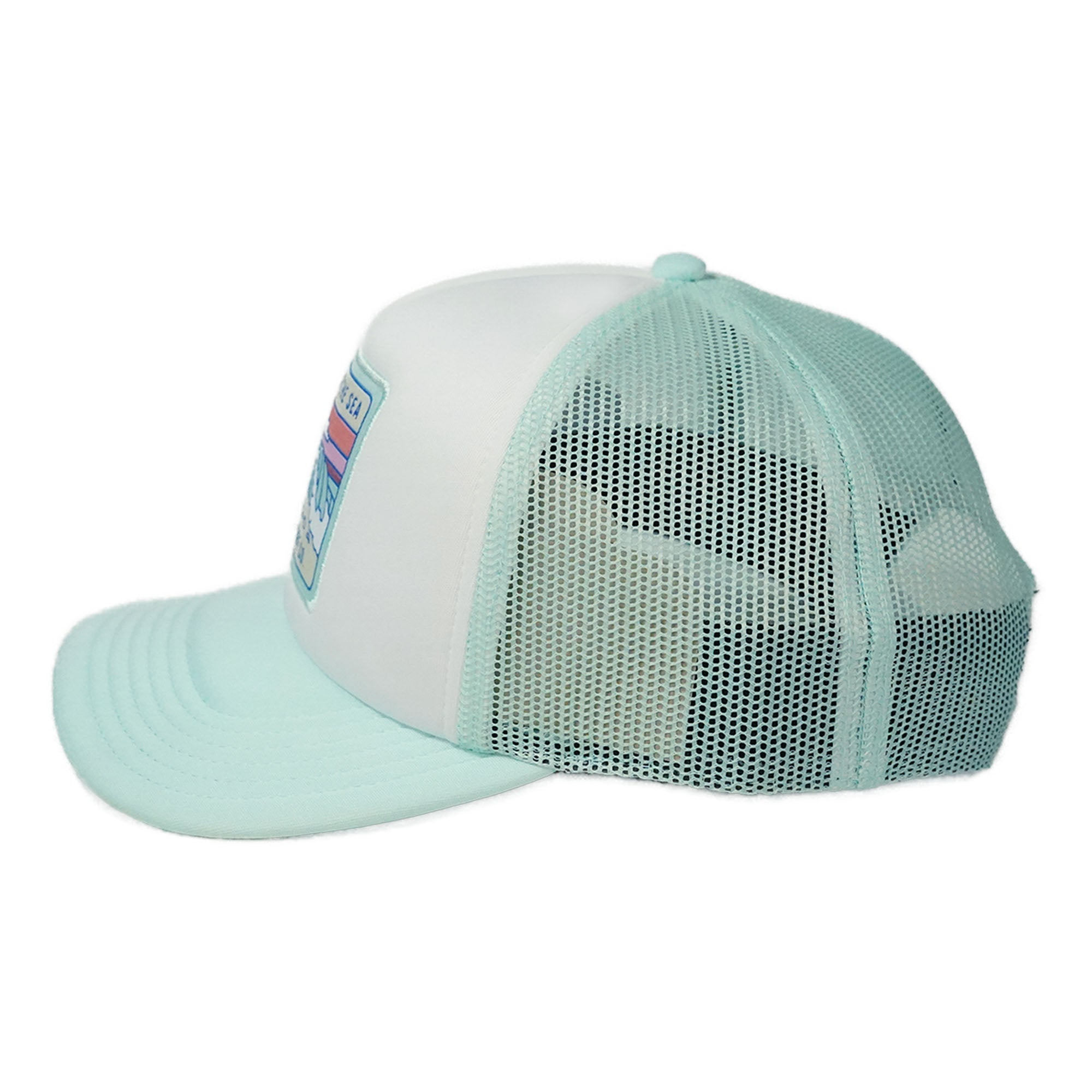 Mint green and white cap with mesh back on a white background