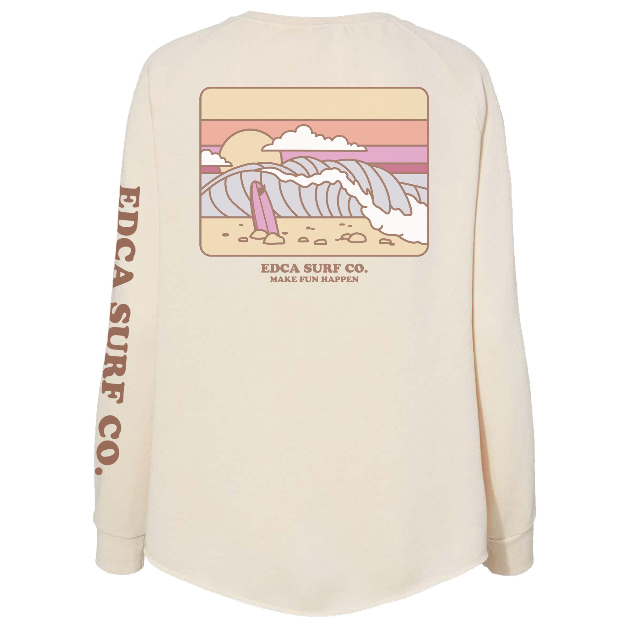 A beige Catch Waves Crewneck sweatshirt with a graphic print of ocean waves and sunset on the back, featuring the text 'EDCA SURF CO.' along the sleeves.