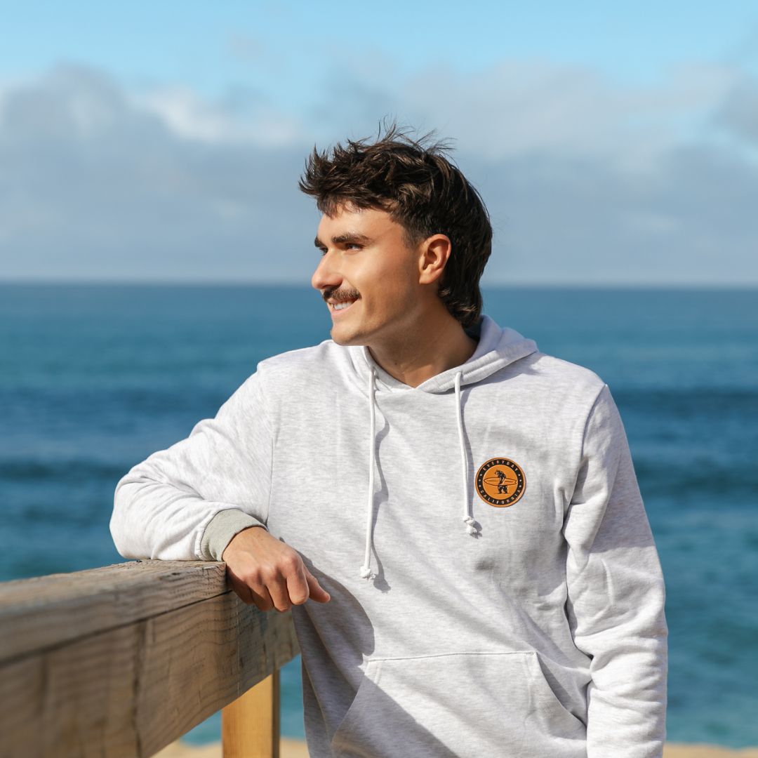 The Challenger Hoodie in Silver from everyday California. It is the soft, not too thick, but still keeps you warm on a breezy Beachy day.