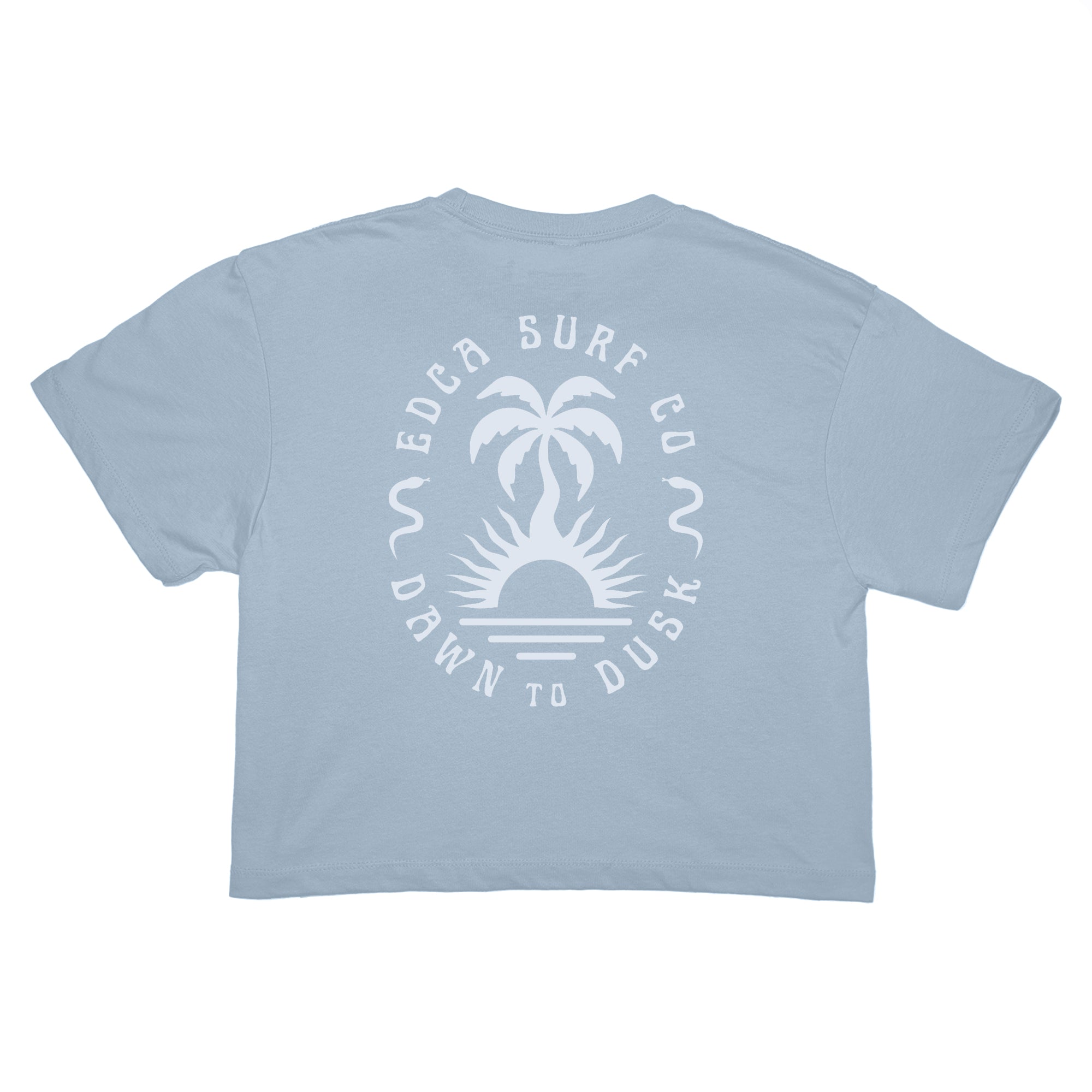Light blue t-shirt with a palm tree and sun design on the back, on a white background.