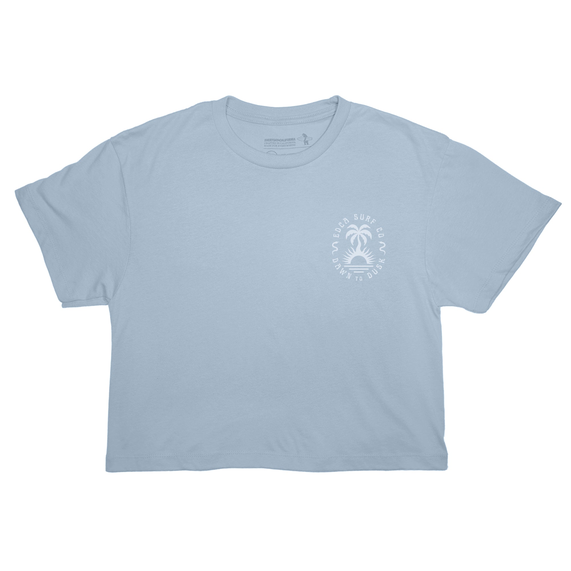 Light blue crop top with a white logo on a white background