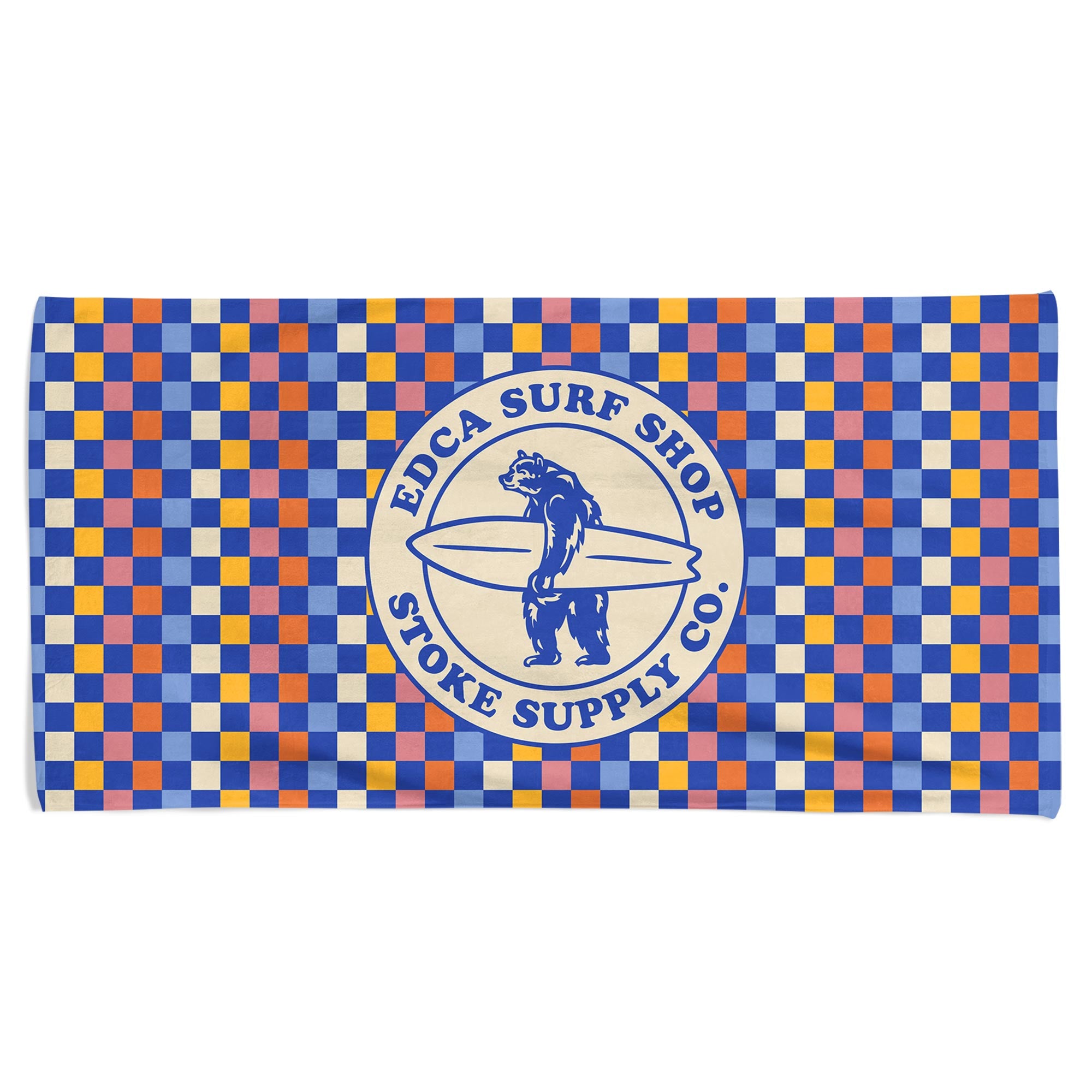 Checkered towel with Edca Surf Shop logo on a white background