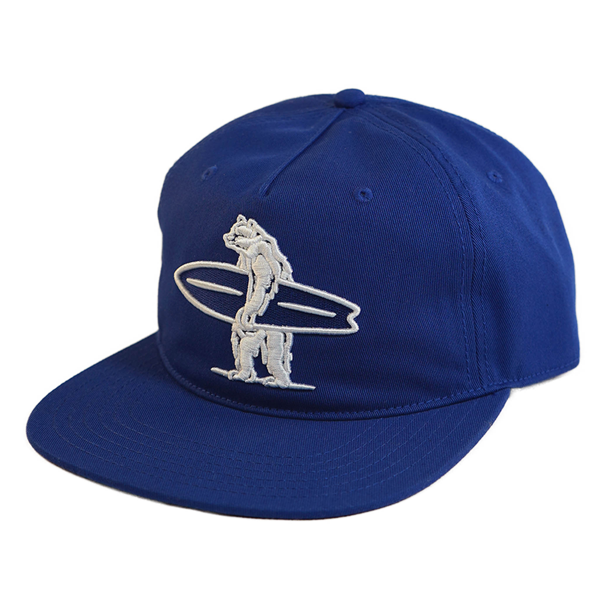 Blue cap with a white graphic of a panther holding a surfboard on a white background