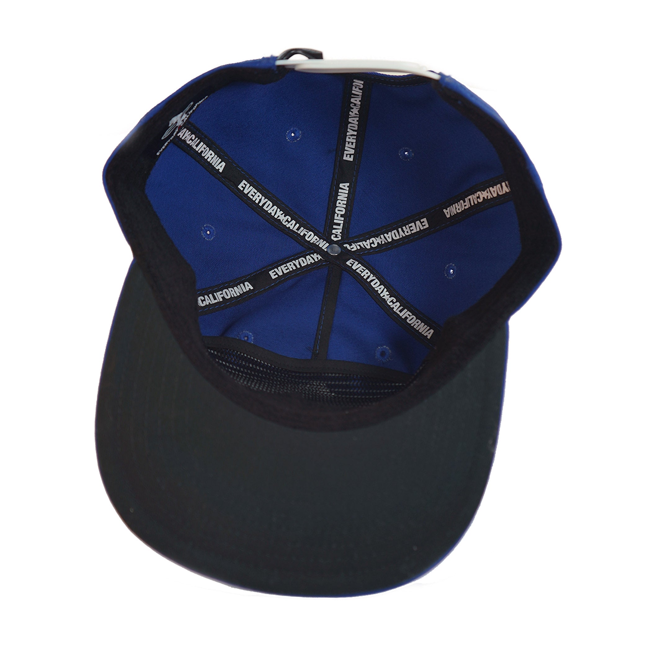 Black and blue cap with branding on a white background