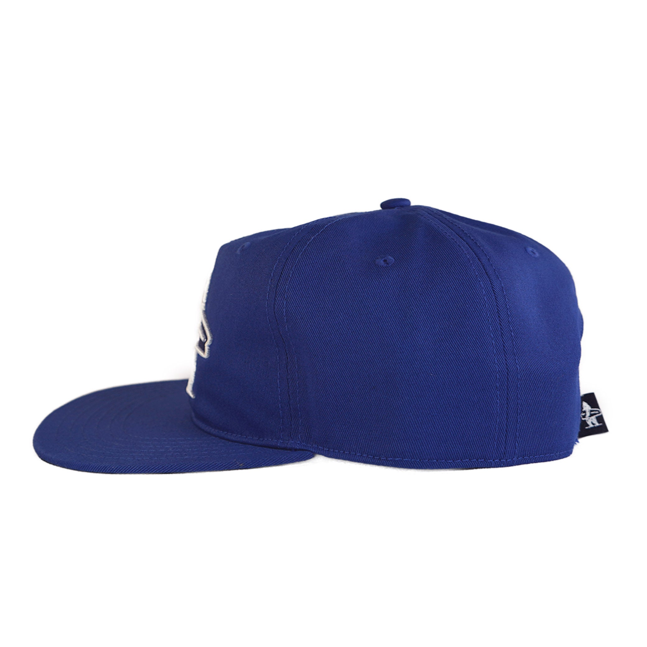 Blue cap with a brand logo on a white background