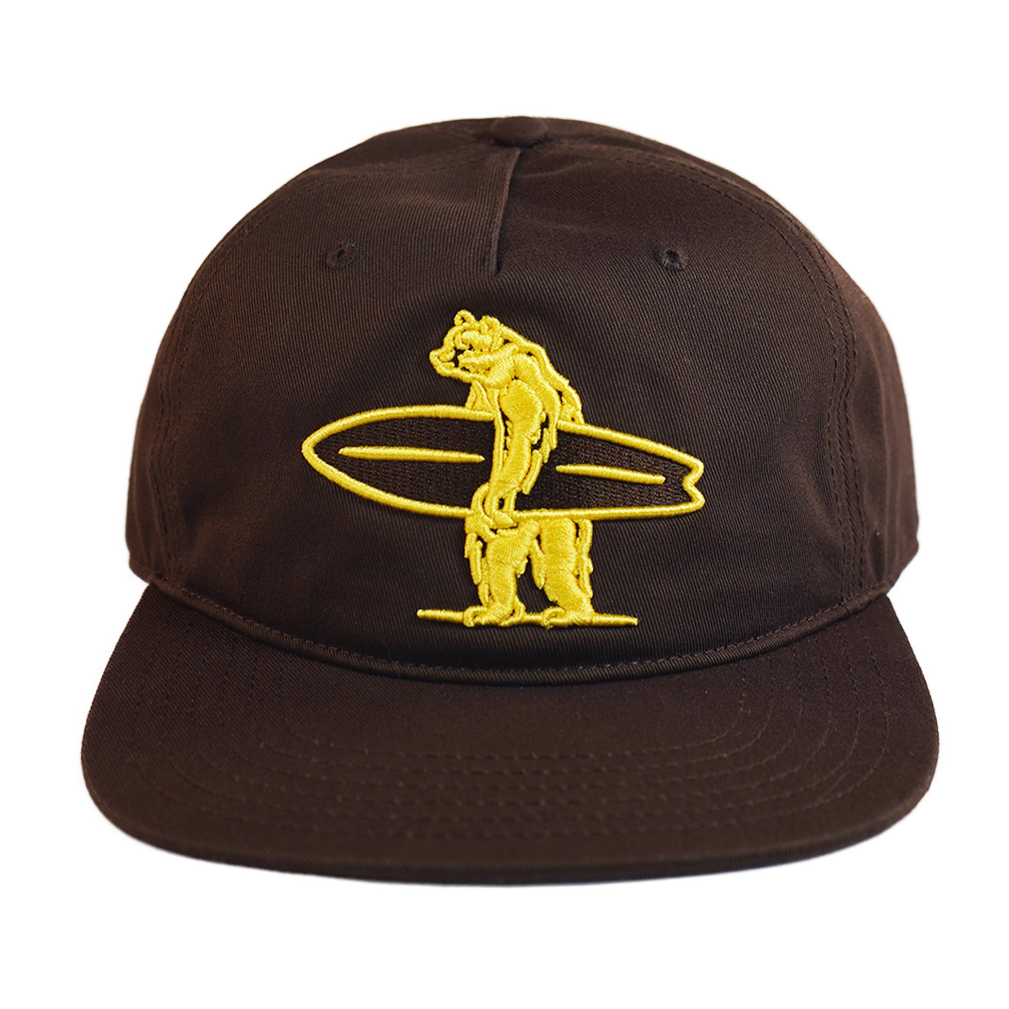 Brown cap with yellow graphic design on a white background