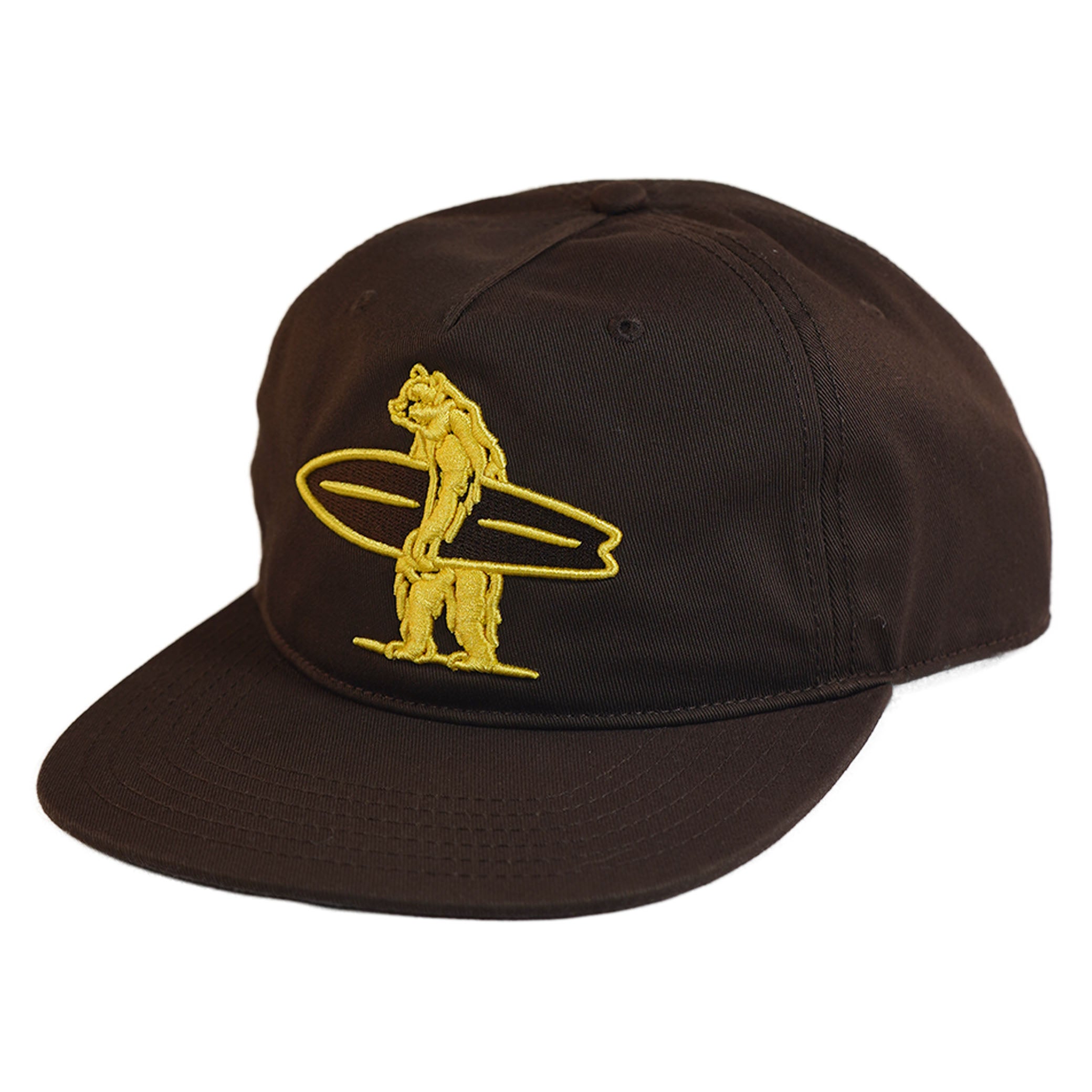 Brown cap with yellow embroidered design on a white background
