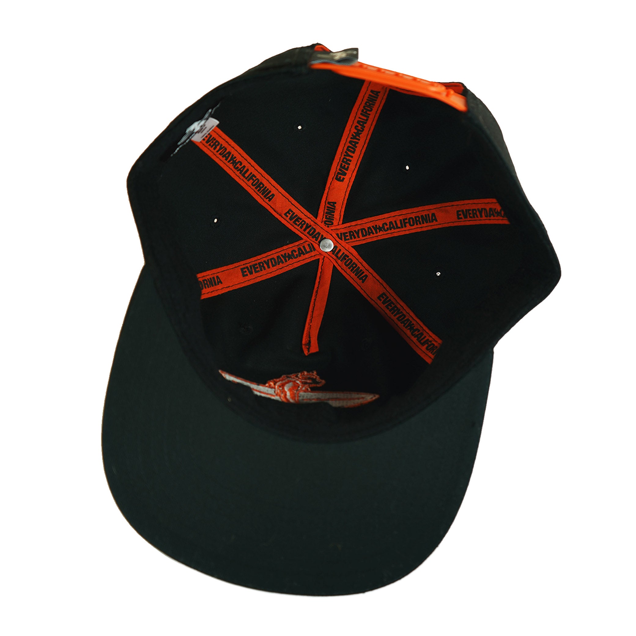 Black cap with orange and red branding on a white background