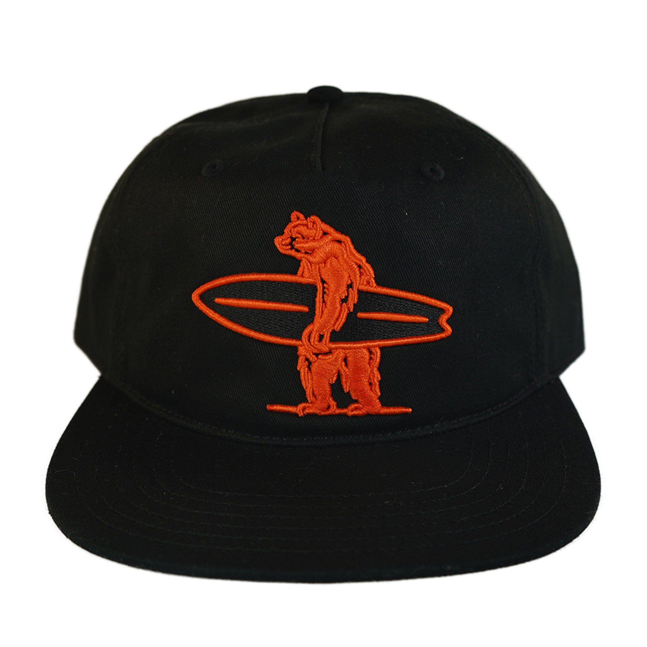 Black cap with orange bear and surfboard design on a white background