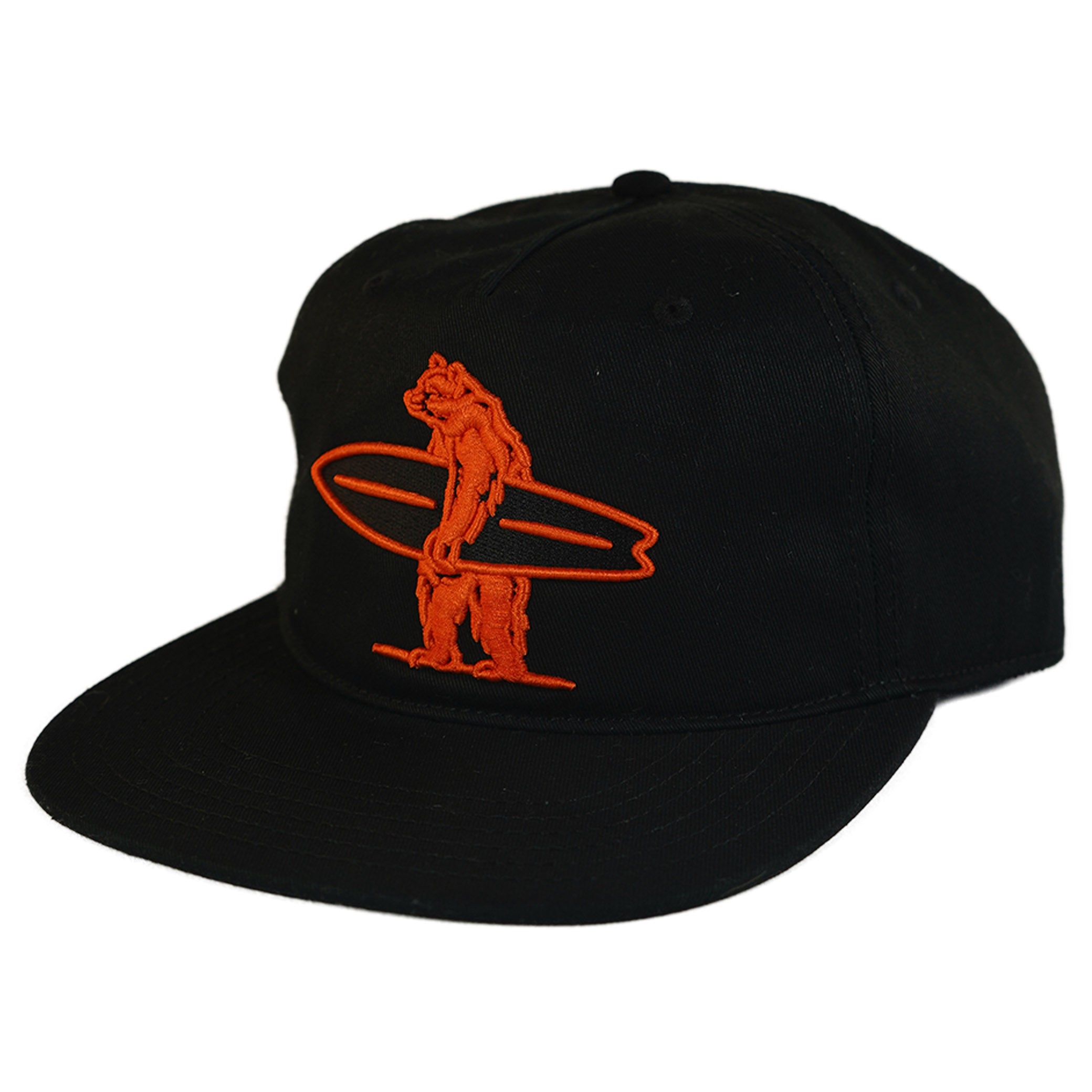 Black cap with orange graphic of a bear holding a hula hoop on a white background