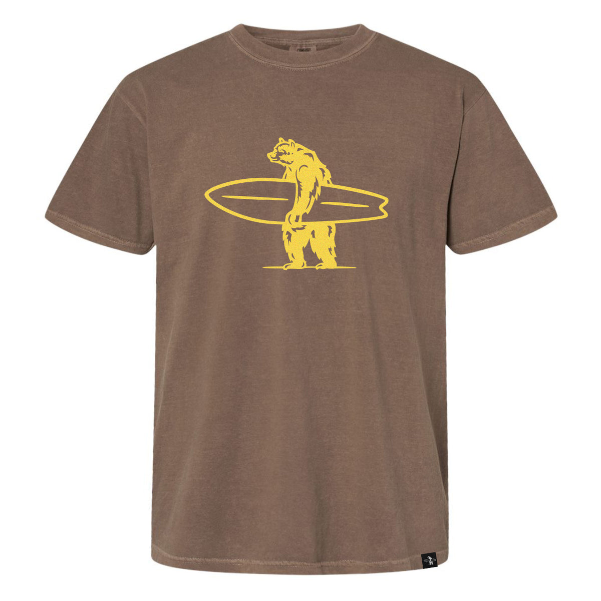 Brown pigment dye mens heavyweight t-shirt with a screenprint of a yellow bear holding a surfboard across the chest.