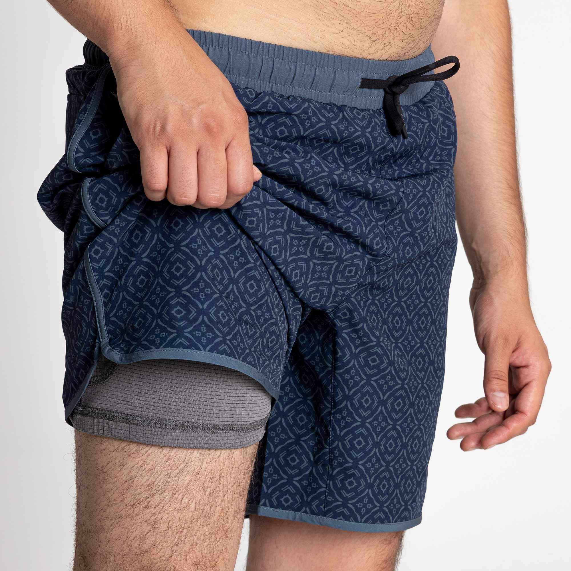 Close-up of Everyday Recycled Boardshorts in Mesa pattern highlighting built-in liner and quick-dry material.