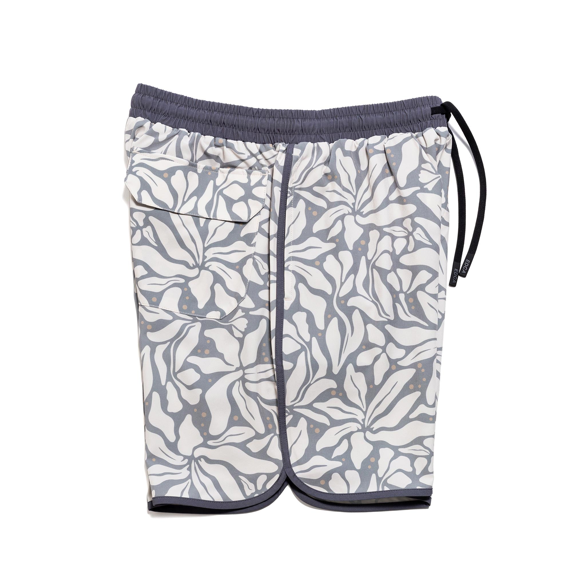 Everyday California boardshorts with leaf pattern and dark gray trim on a white background