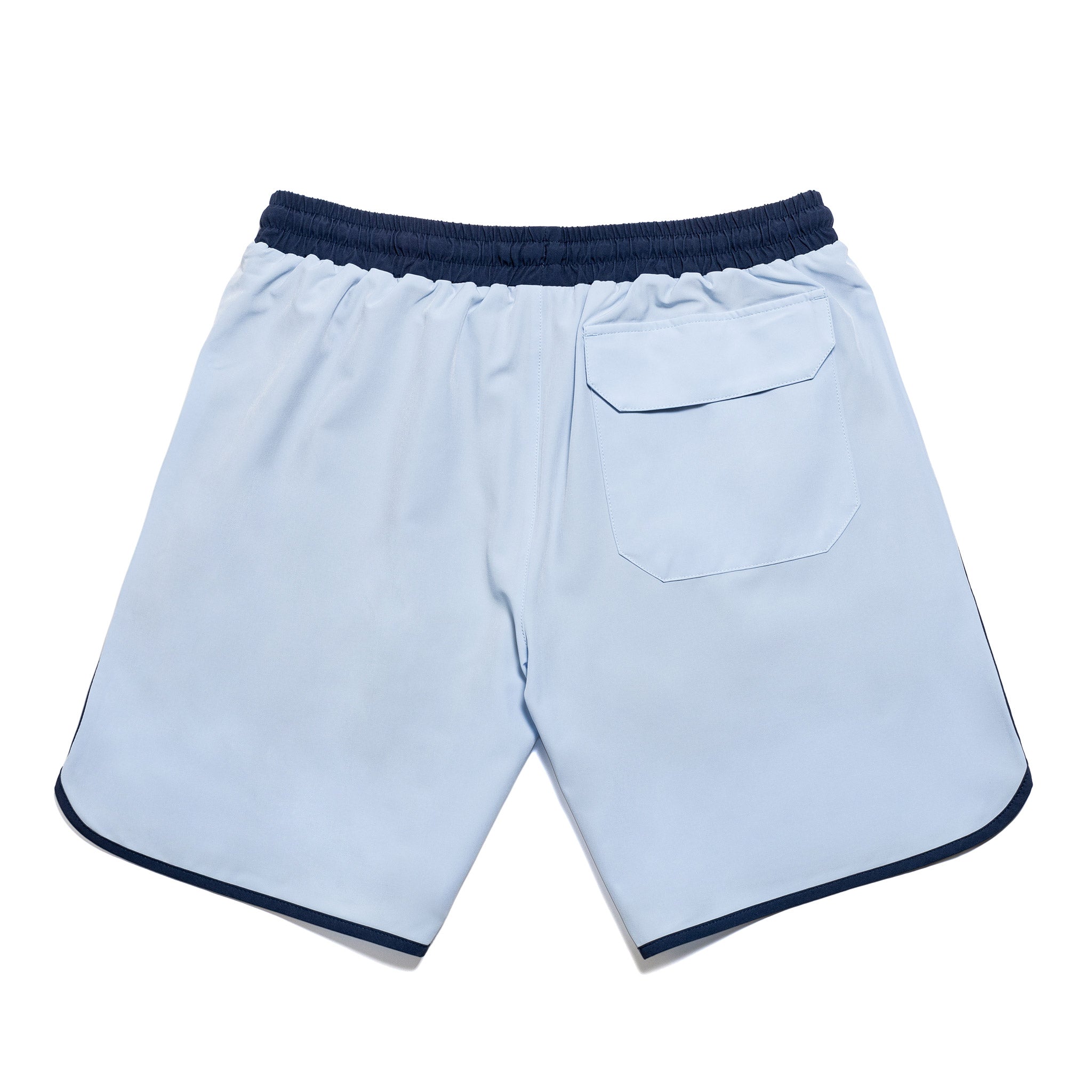 Everyday California light blue board shorts with navy trim on a white background