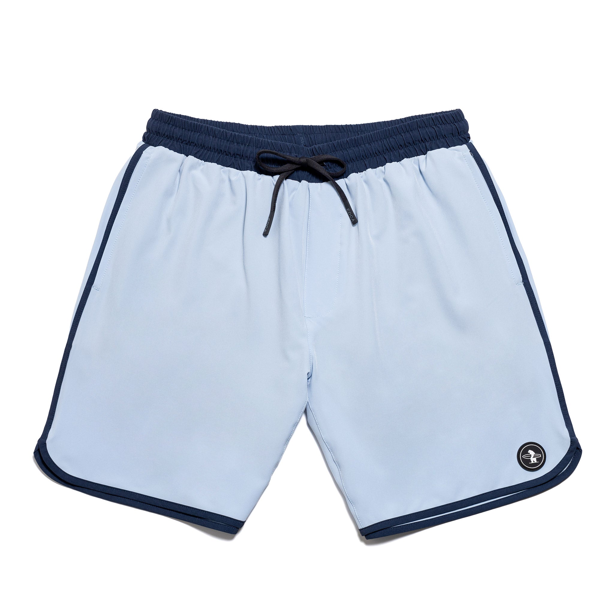 Everyday California light blue board shorts with navy trim on a white background