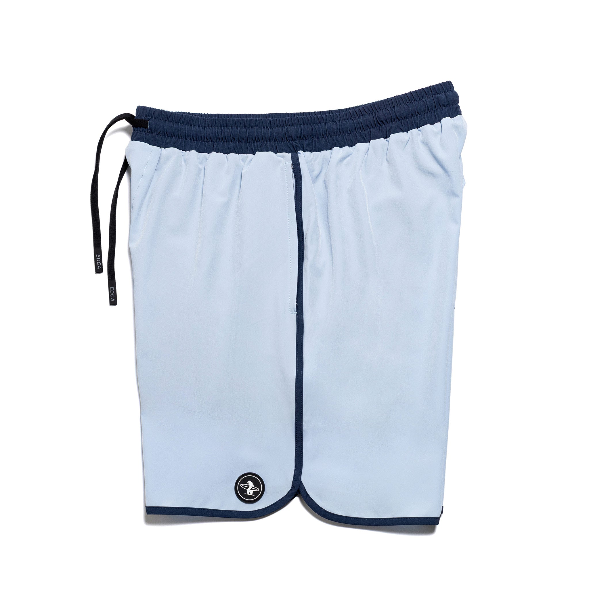 Everyday California light blue board shorts with navy trim on a white background