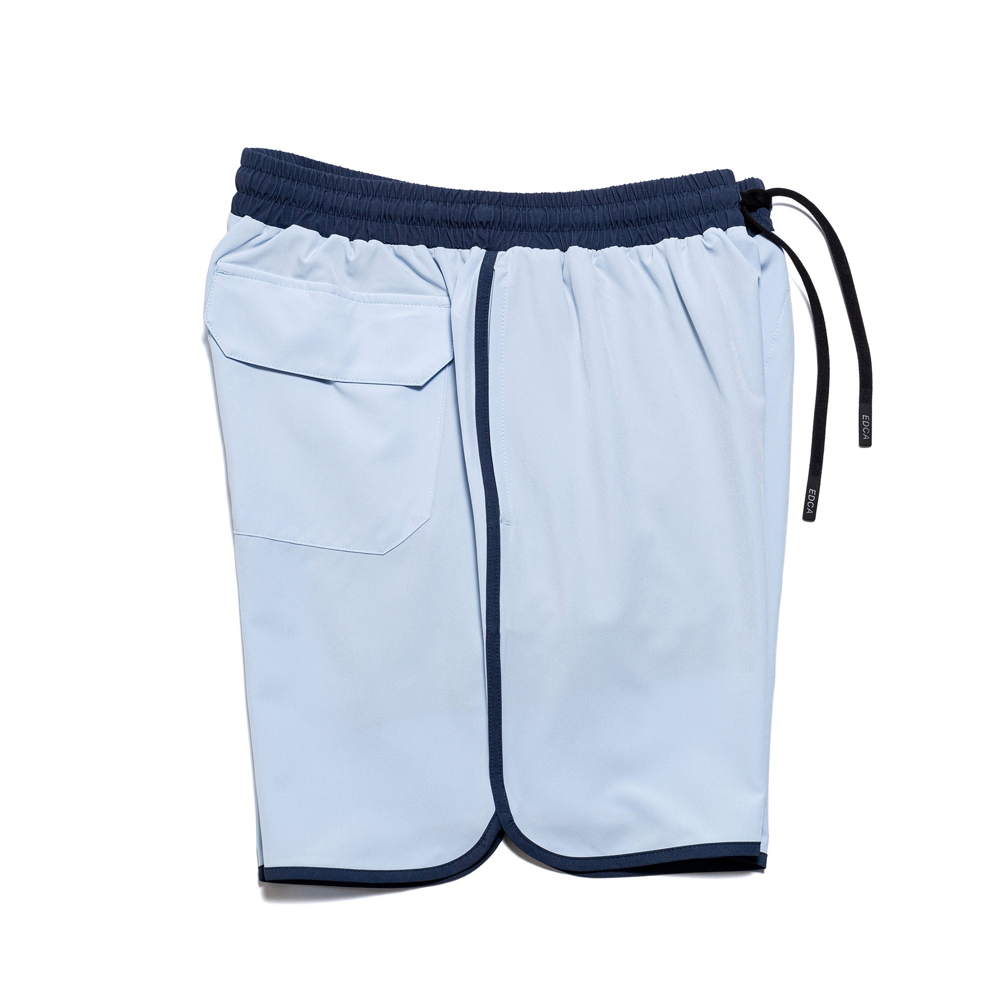 Everyday California light blue board shorts with navy trim on a white background