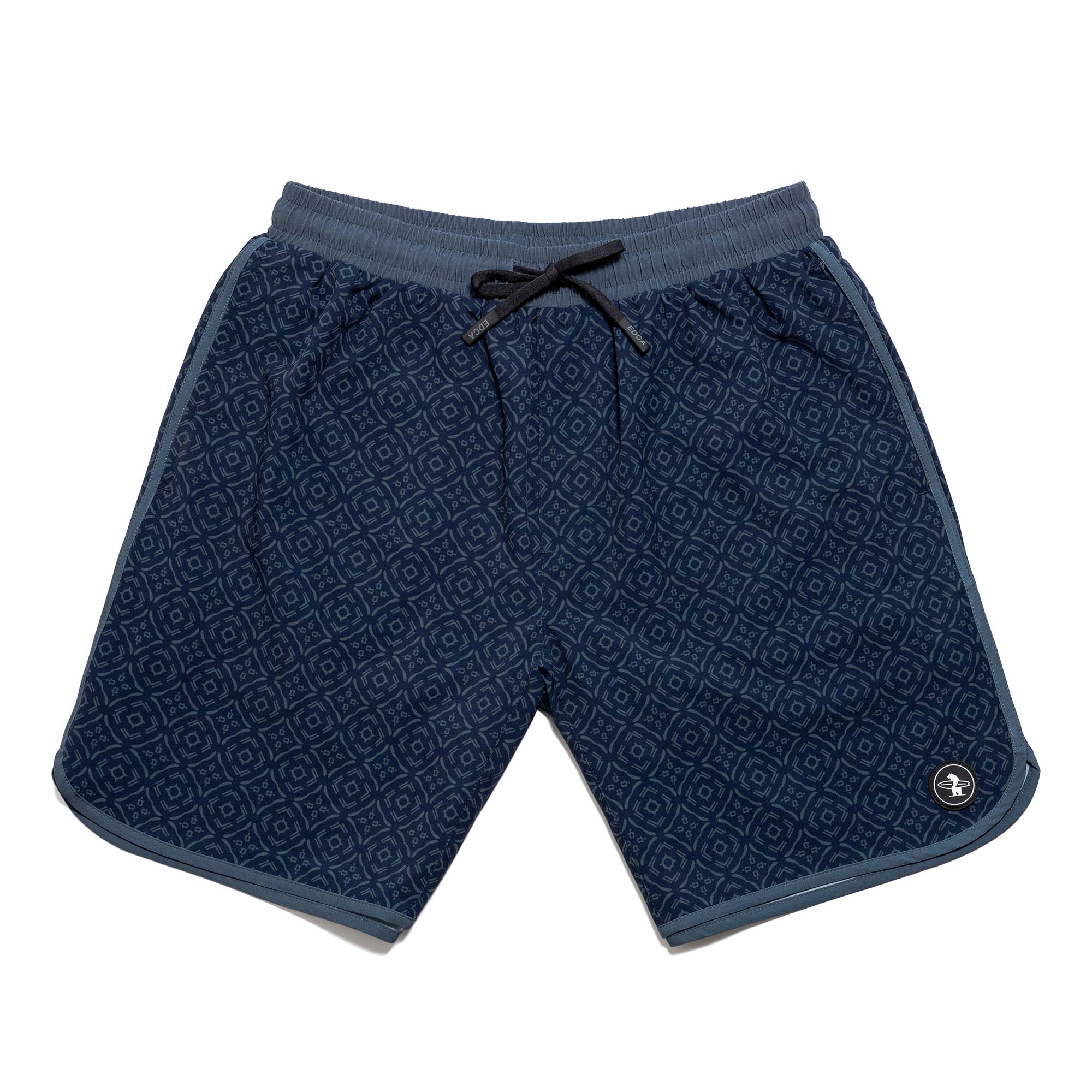 Everyday California navy blue patterned boardshorts with a brand logo on a white background