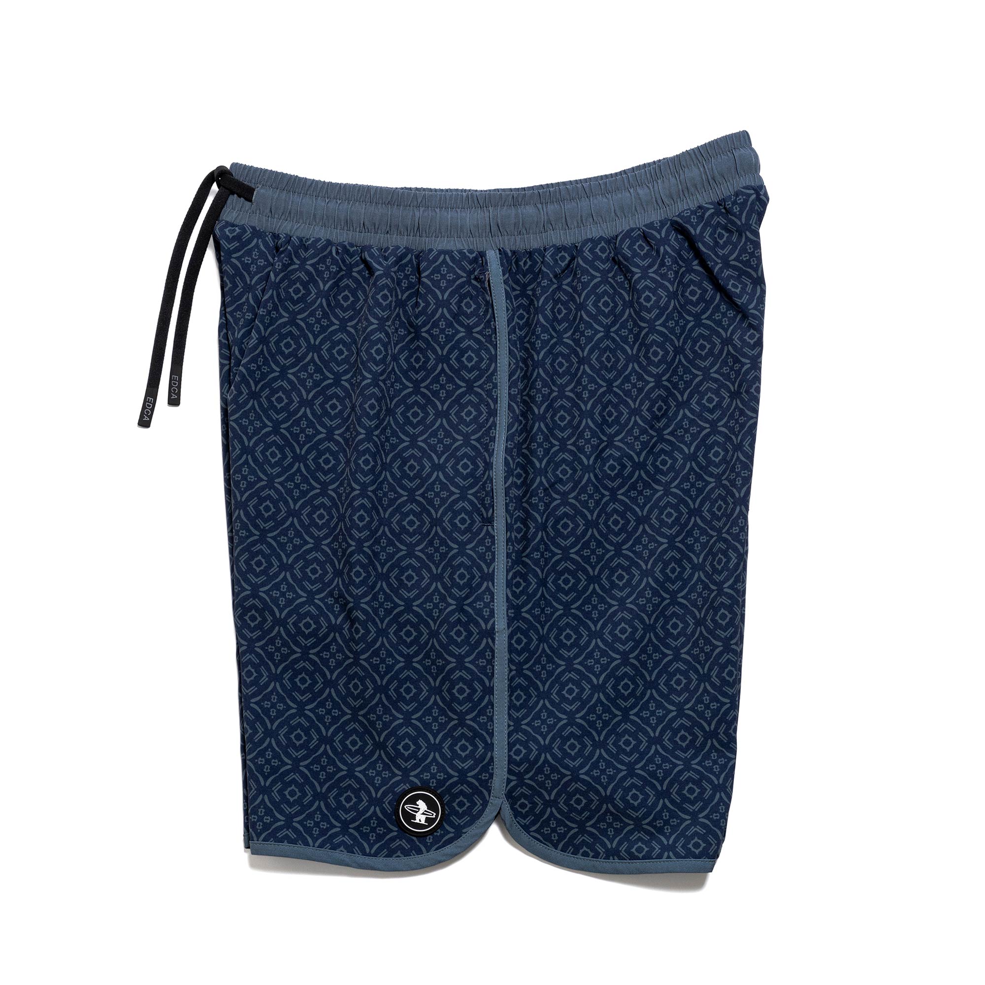 Everyday California navy blue patterned boardshorts with a brand logo on a white background