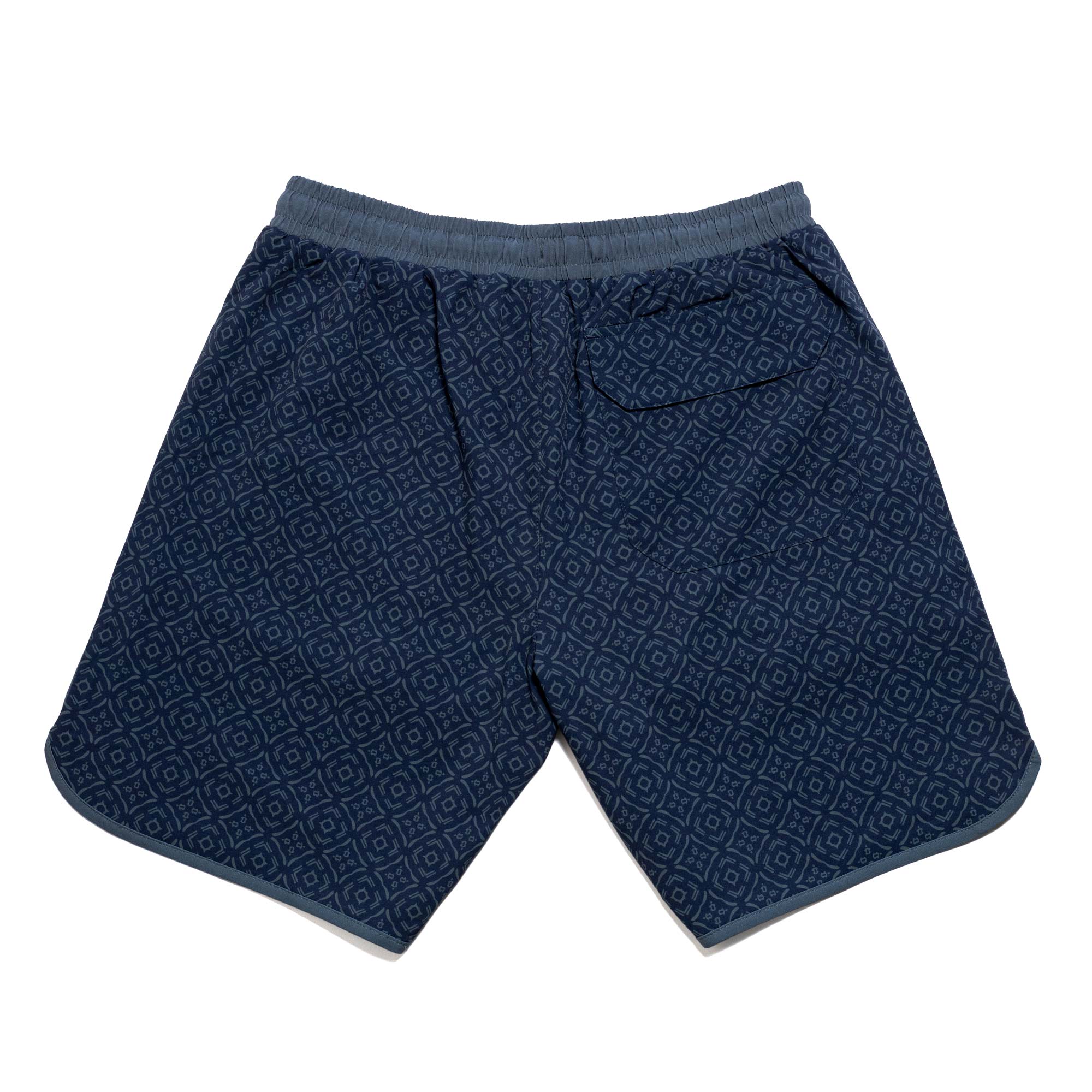 Everyday California navy blue patterned boardshorts with a brand logo on a white background