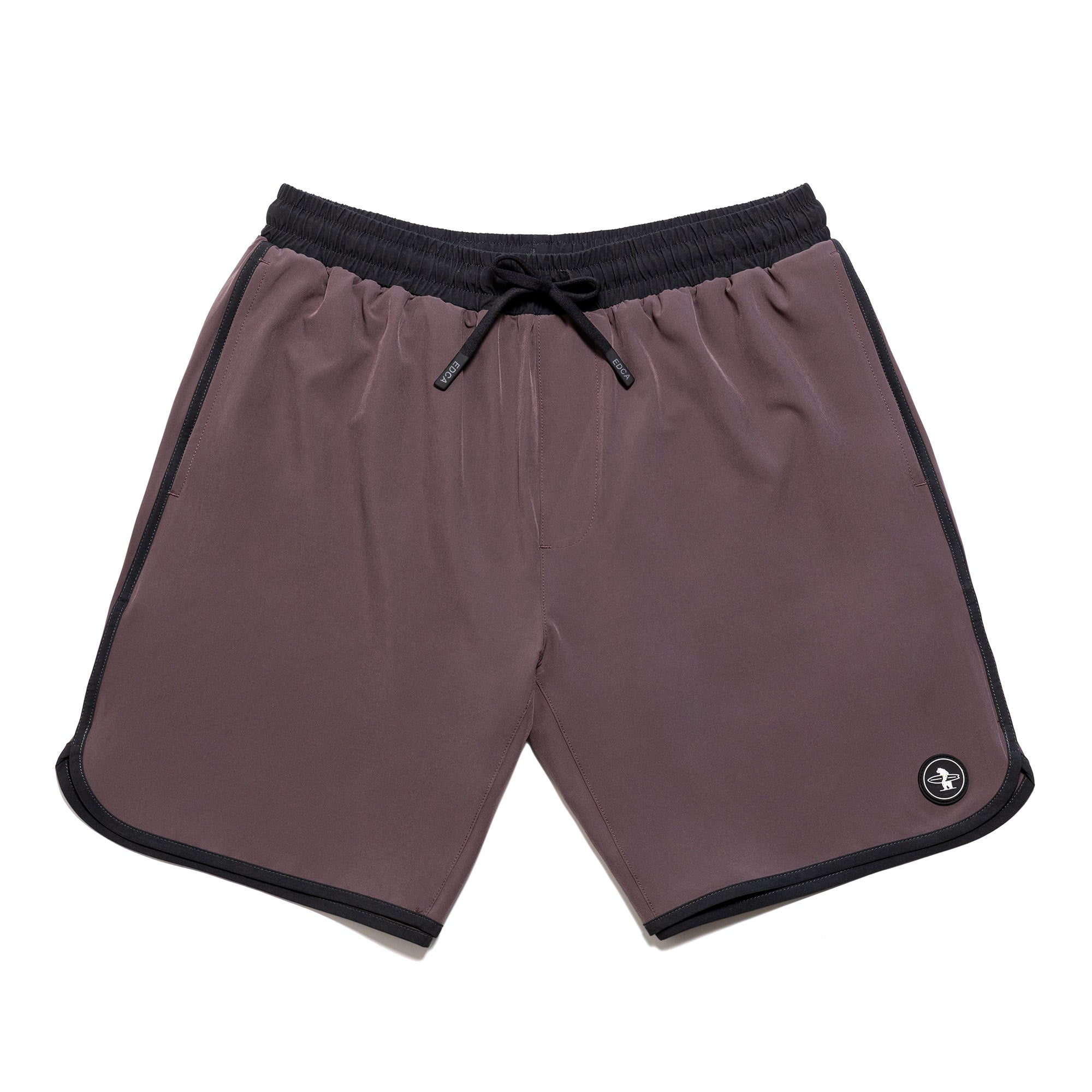 Everyday California brown boardshorts with black trim on a white background