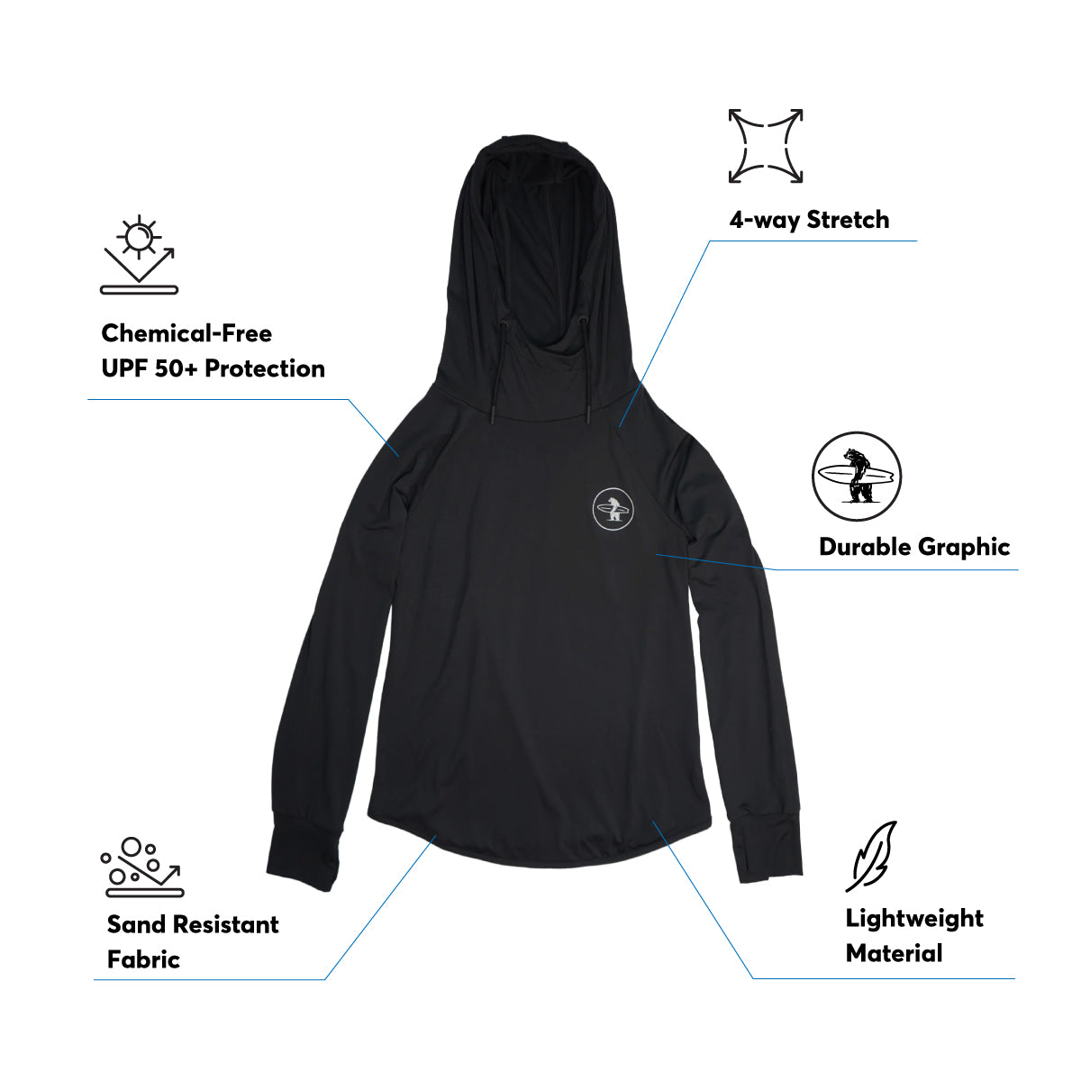 Black hoodie with features highlighted on a white background