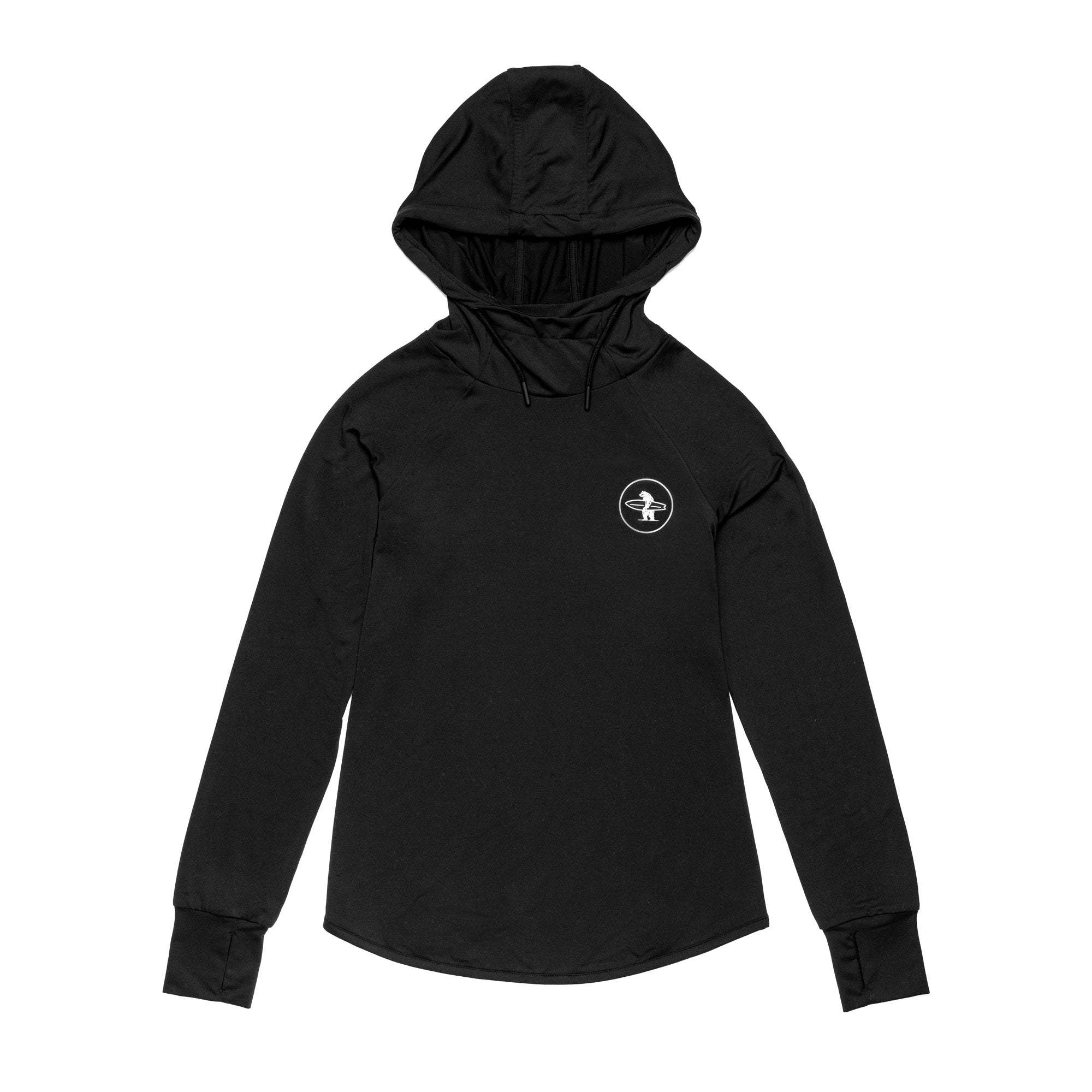 Black sand resistant hoodie with a surfing bear logo on a white background