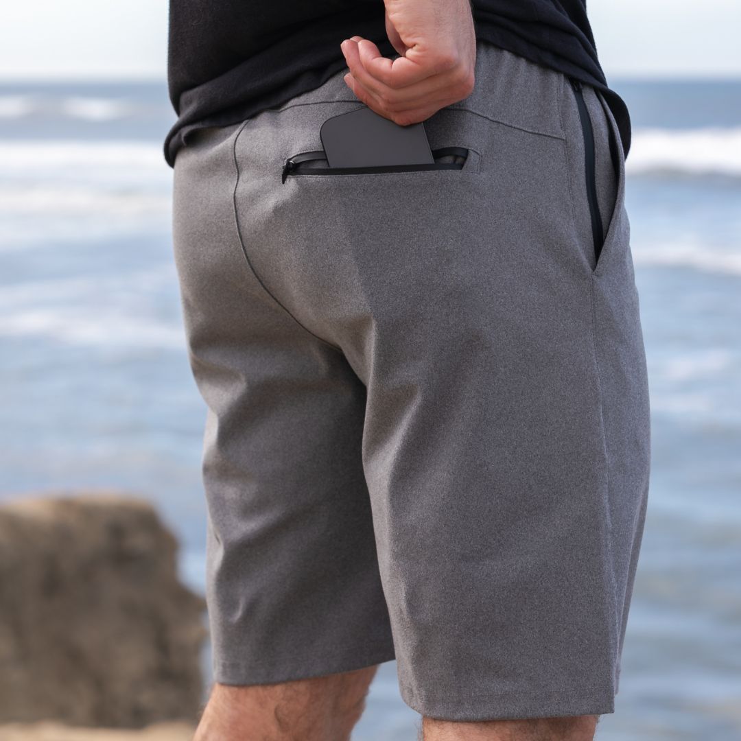 Grey Lazy Daze Performance lounge Short from Everyday California with technical zipper pockets 