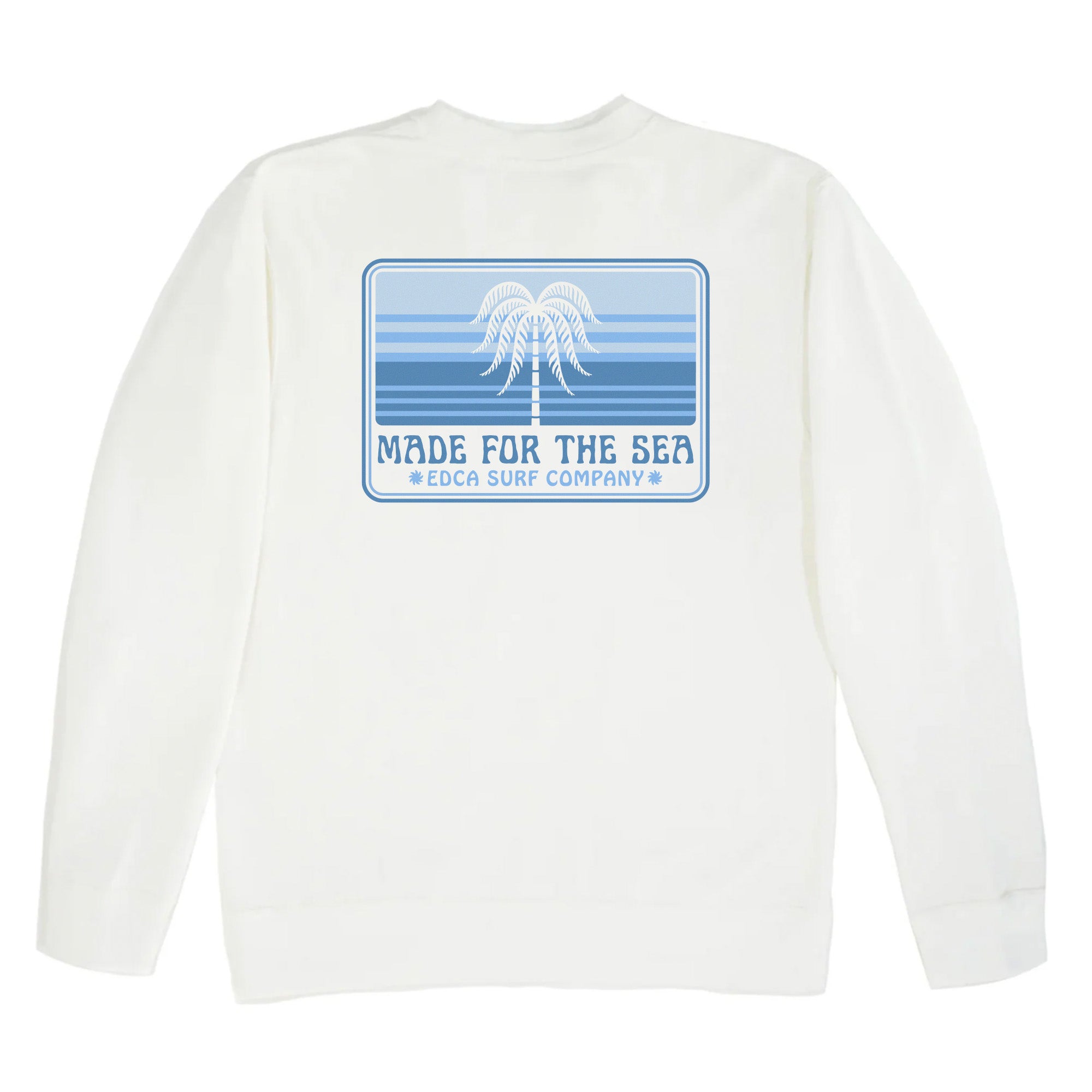 Image of the back of the Made For the Sea Mens Crewneck, which features the silhouette of a palm tree in front of blue lines that represent the ocean and the sky.