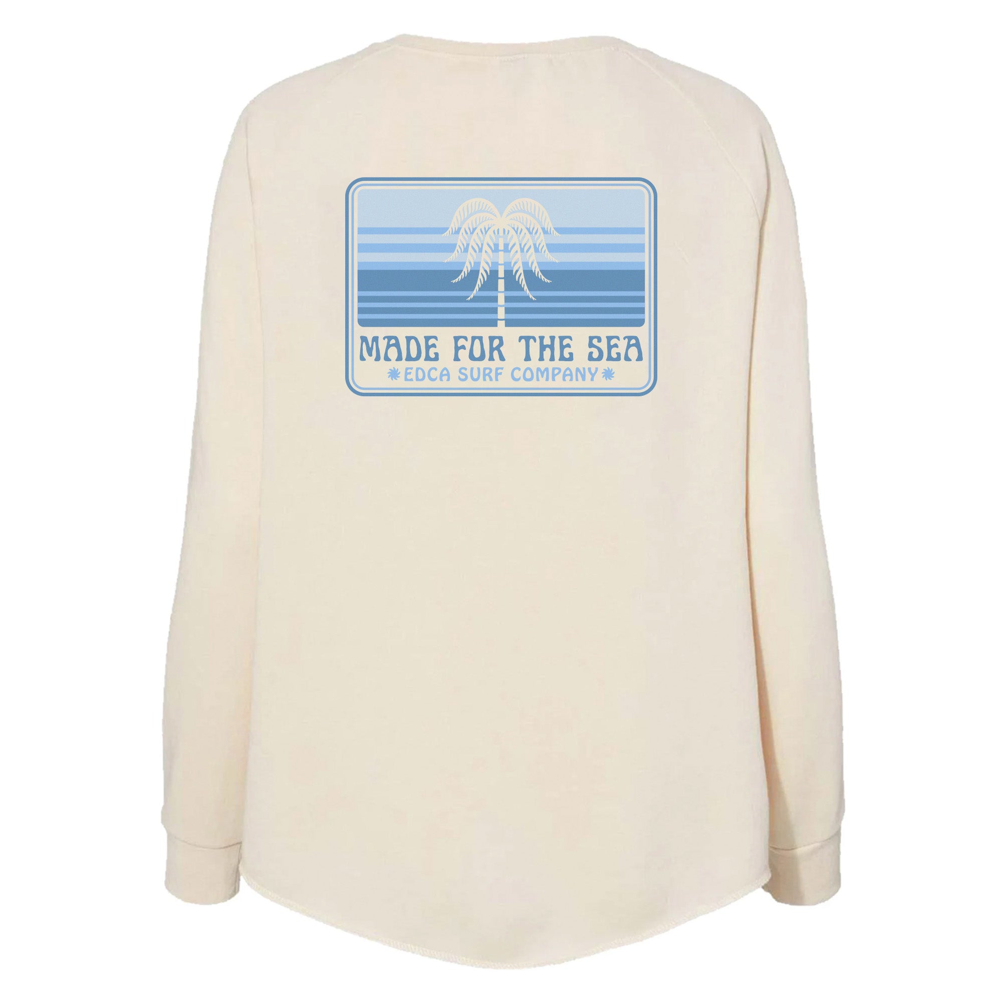 Image of the back of the Made For the Sea Womens Crewneck, which features the silhouette of a palm tree in front of blue lines that represent the ocean and the sky.