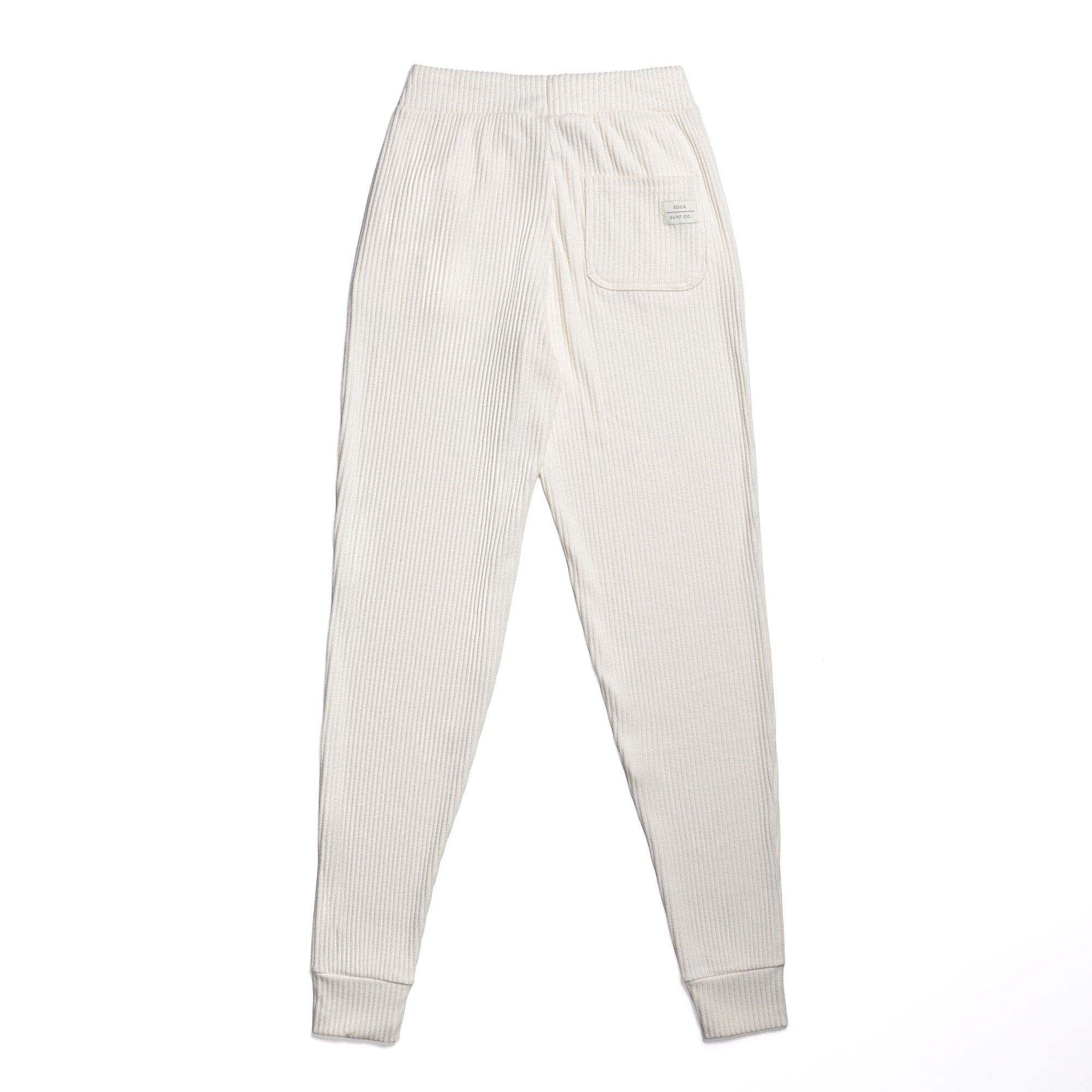 Back of White Everyday California ribbed women's joggers. One pocket on back right side