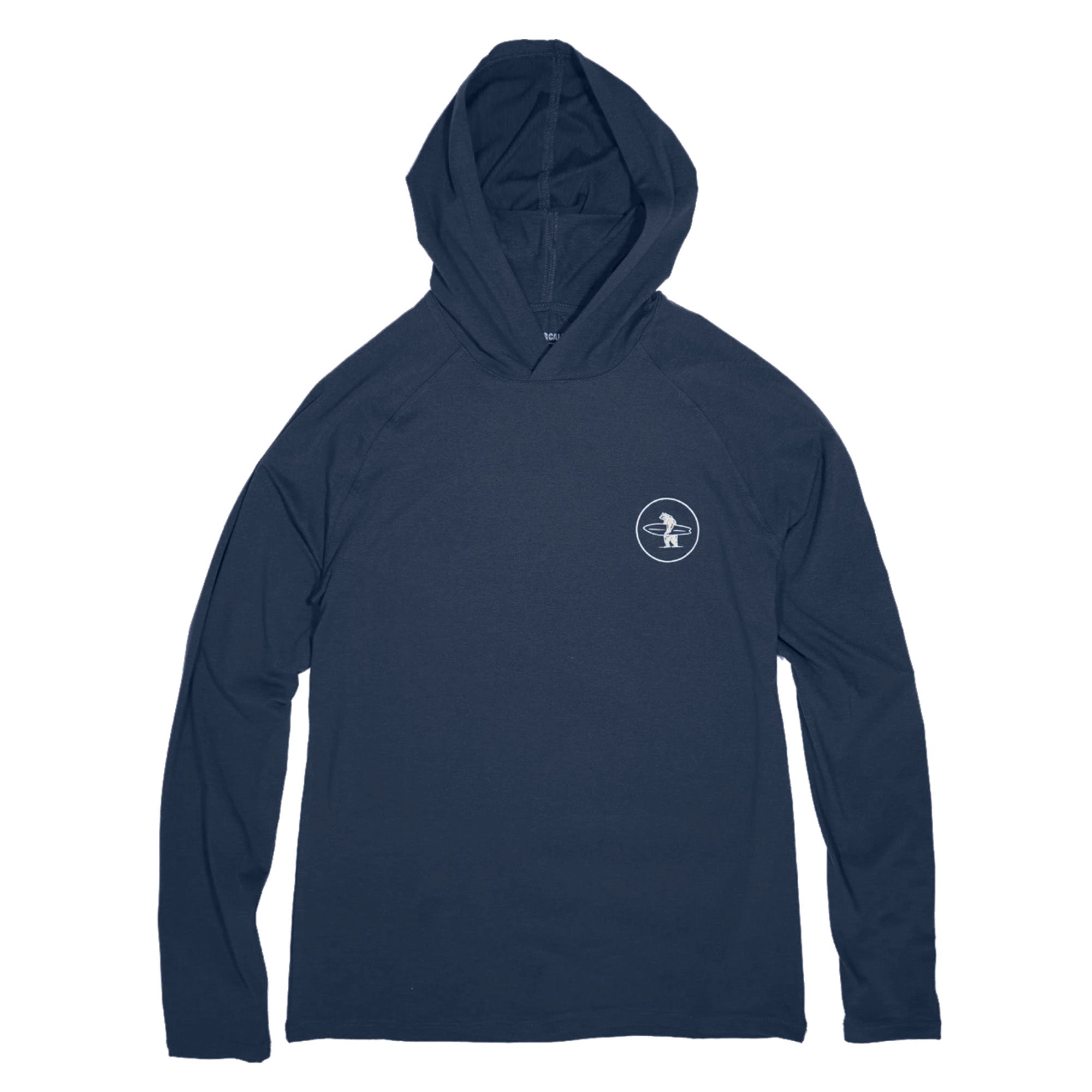Navy hoodie with a small logo on the chest against a white background