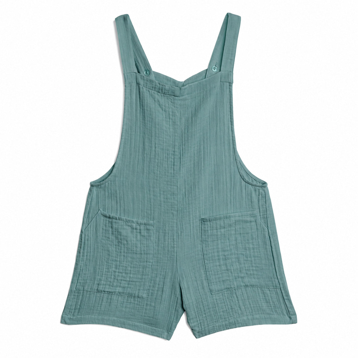 Mineral green gauze romper with pockets on a white background