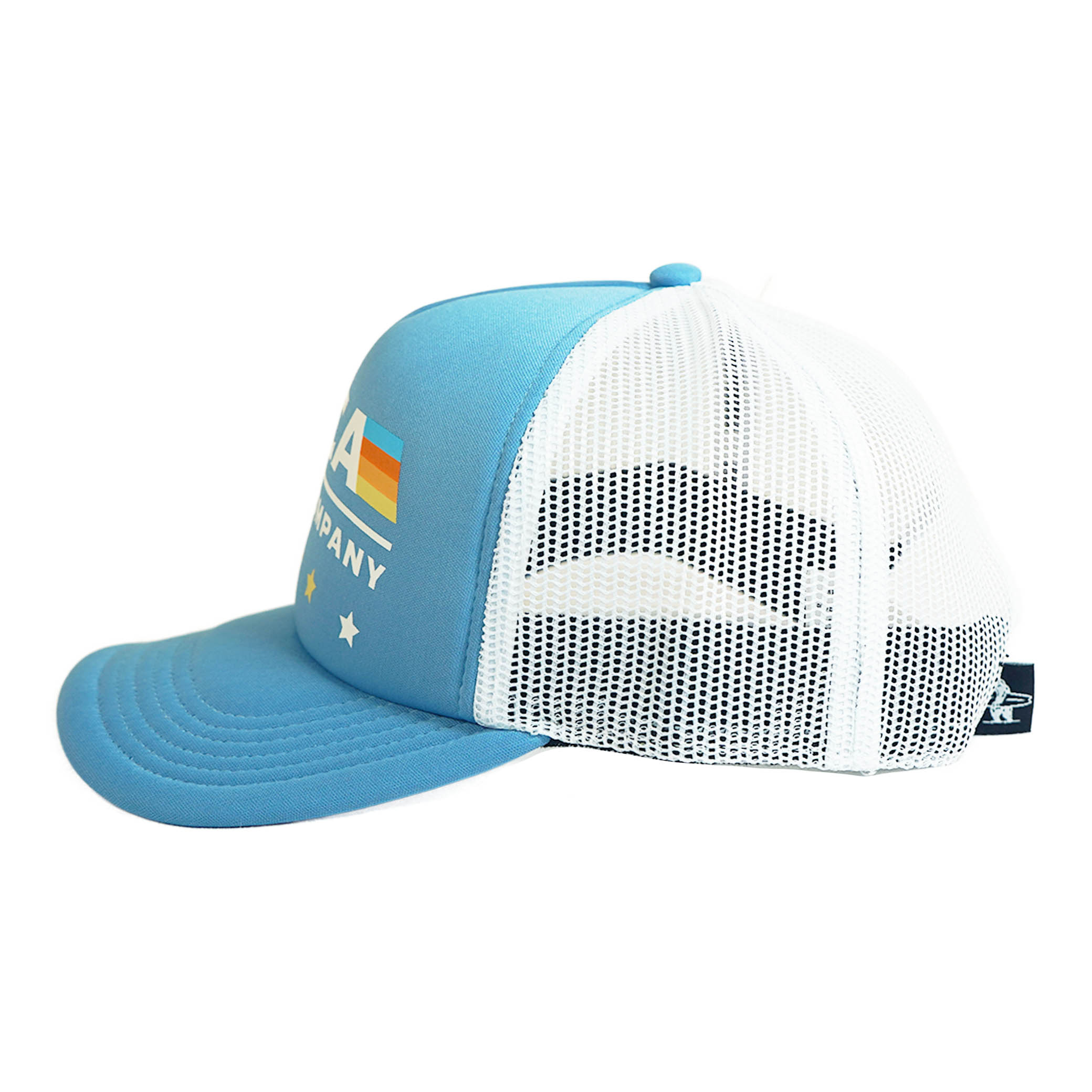 Side view of blue foam and white mesh trucker hat.