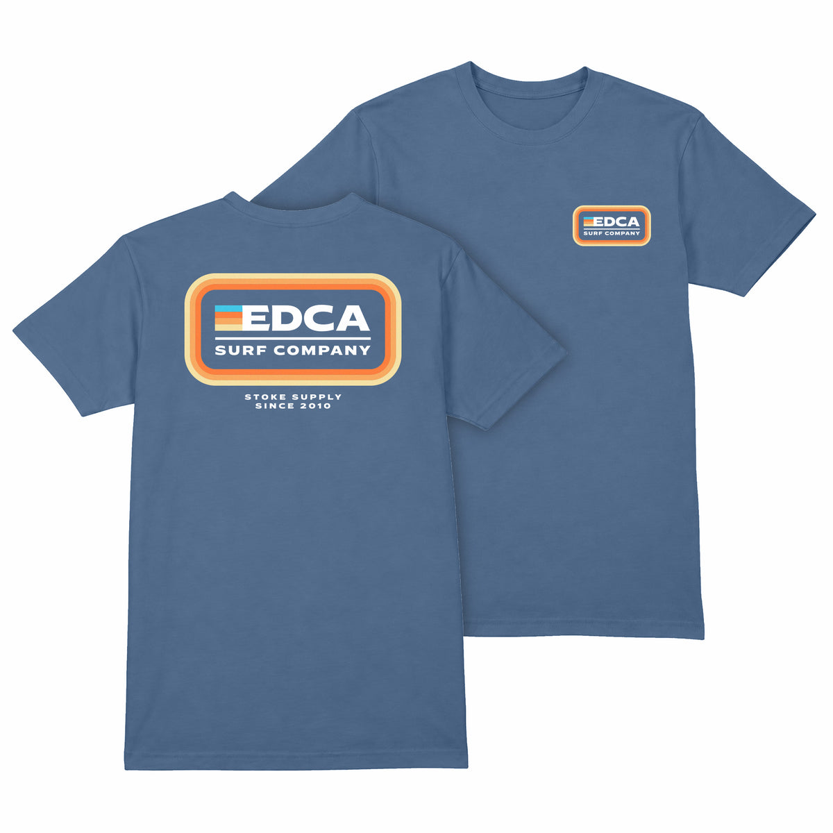 Blue t-shirt with a bright screen printed graphic that says EDCA SURF COMPANY.