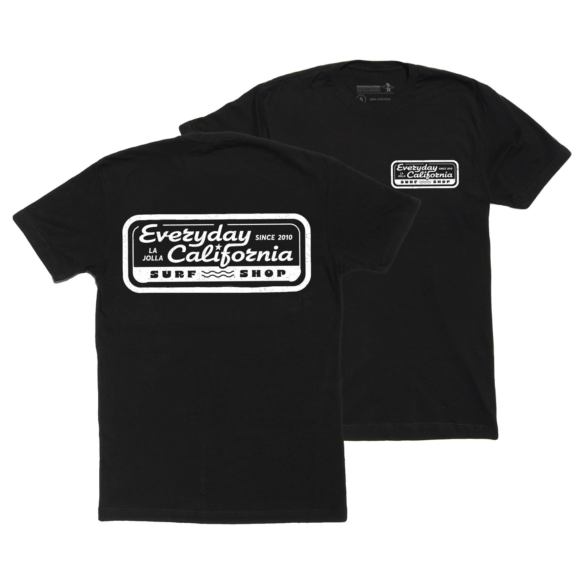Retro tee front and back with "Everyday California Surf Shop" printed on front and back