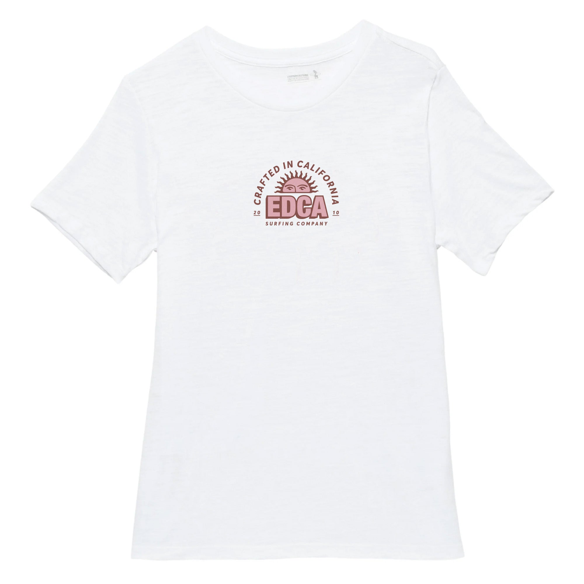 White t-shirt with pink logo on a white background