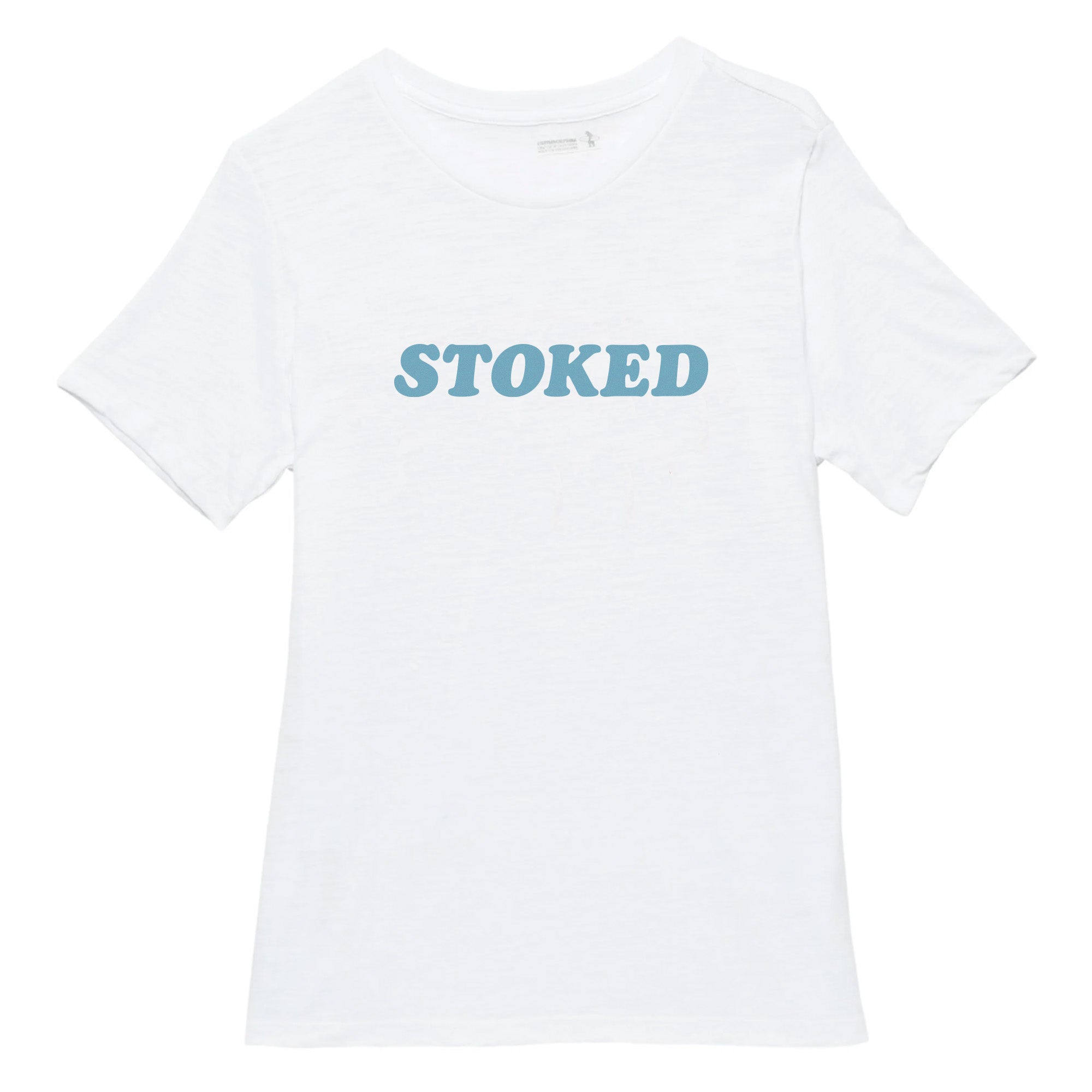 White t-shirt with 'STOKED' text in blue on a white background