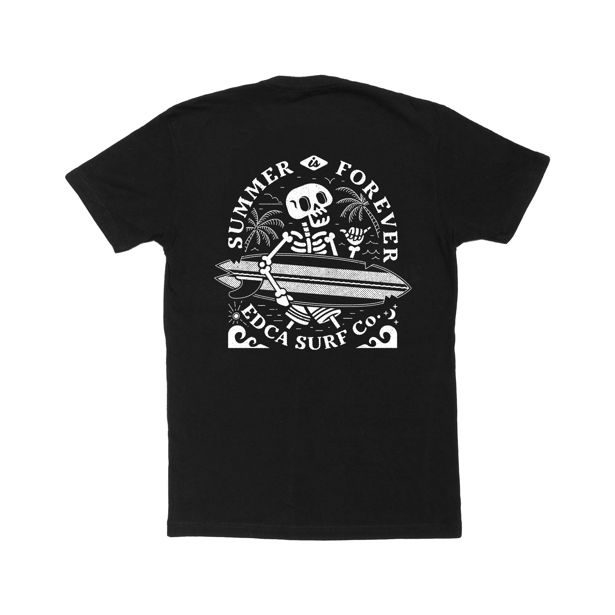 Backside of summer is forever shirt. Cartoon surfer skeleton with surfboard and boards shorts.