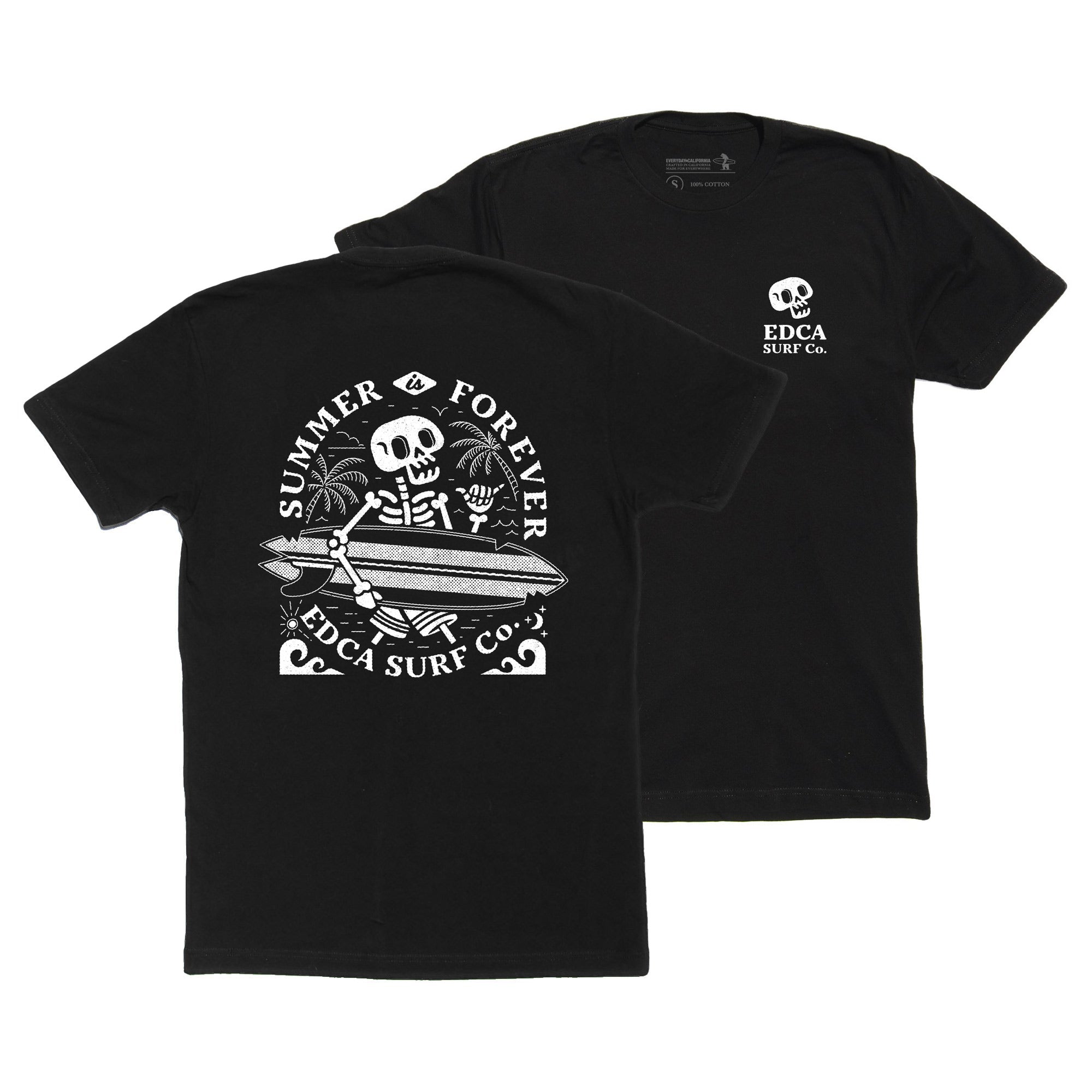 Back and Front side of Summer if forever shirt. Left side features skeleton with surfboard, right side features skull with "EDCA Surf Co."