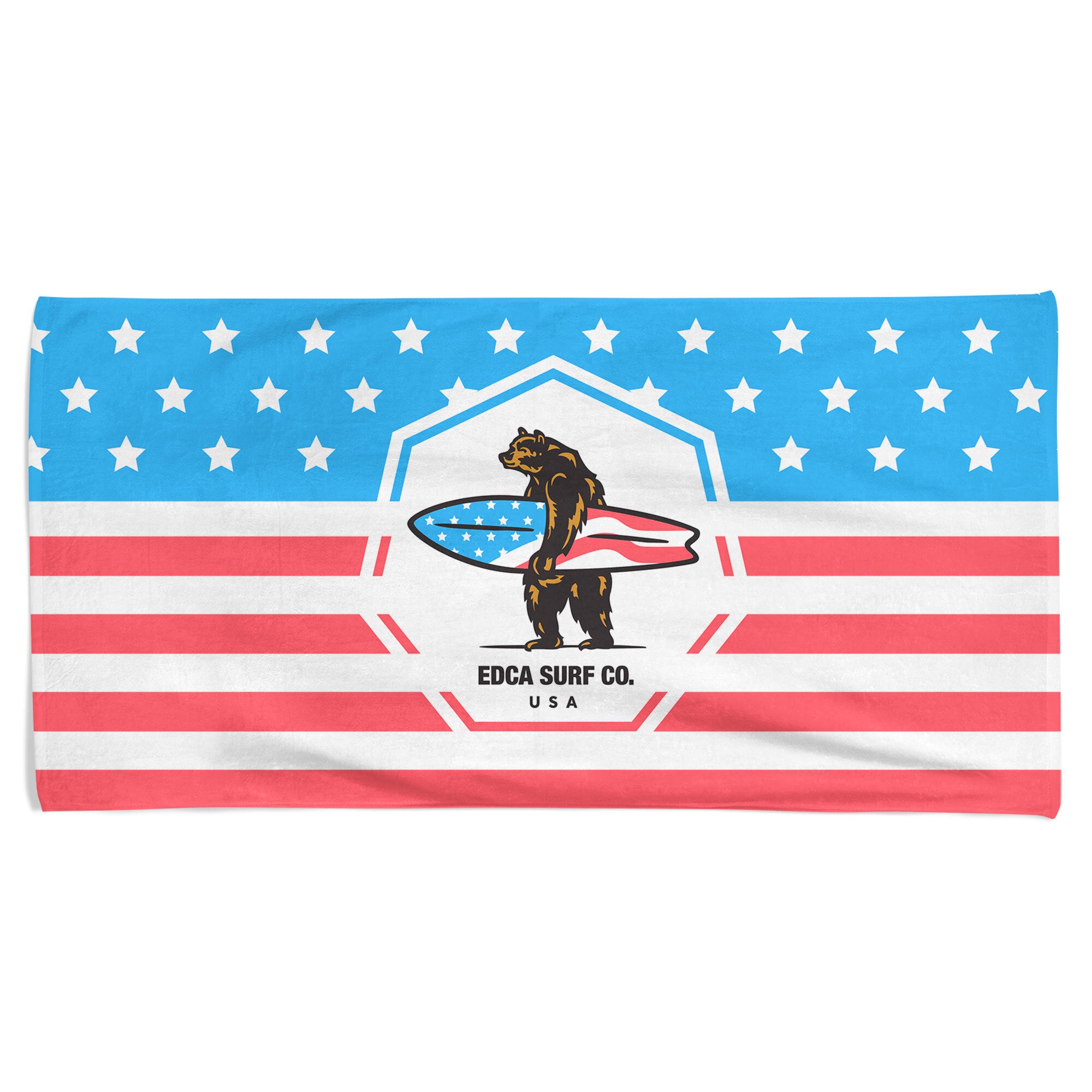 American Flag style towel that displays the Everyday California Bear Logo holding a surfboard