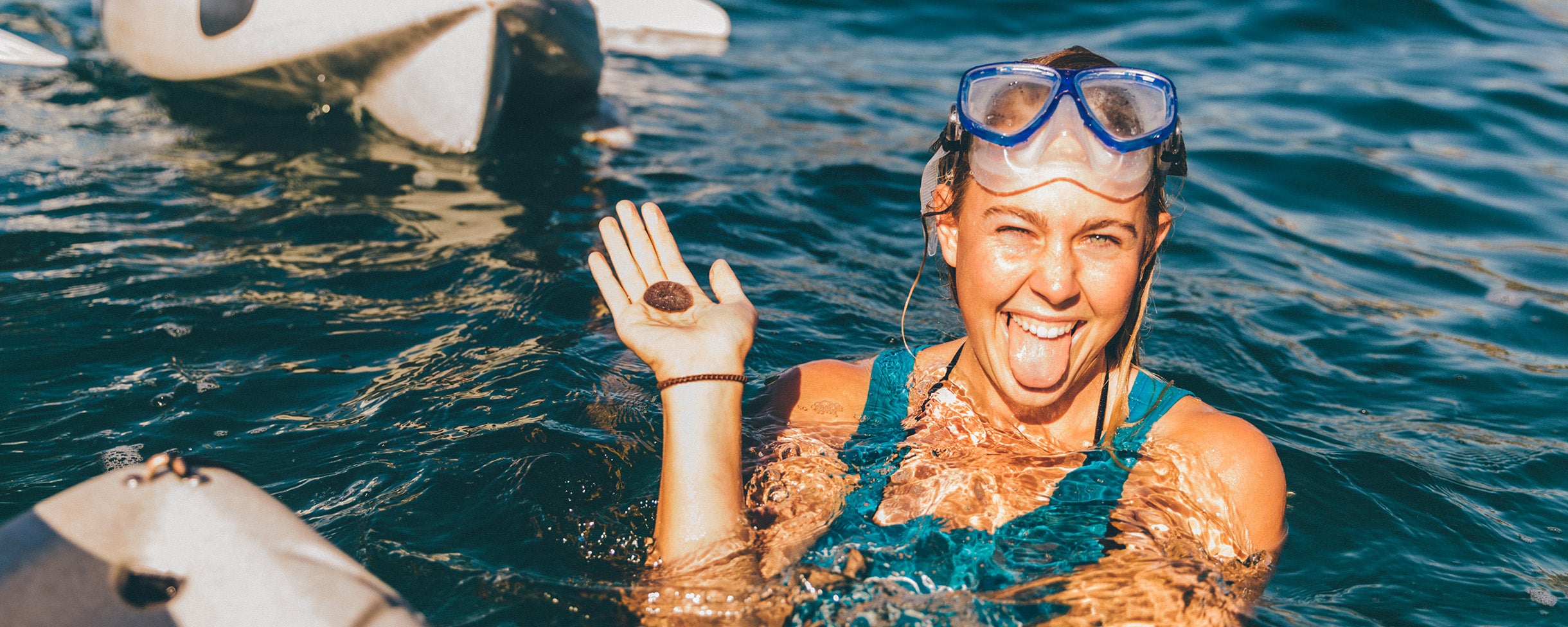 Tour guide holding a sand dollar on a snorkel tour with Everyday California in San Diego, La Jolla, California.