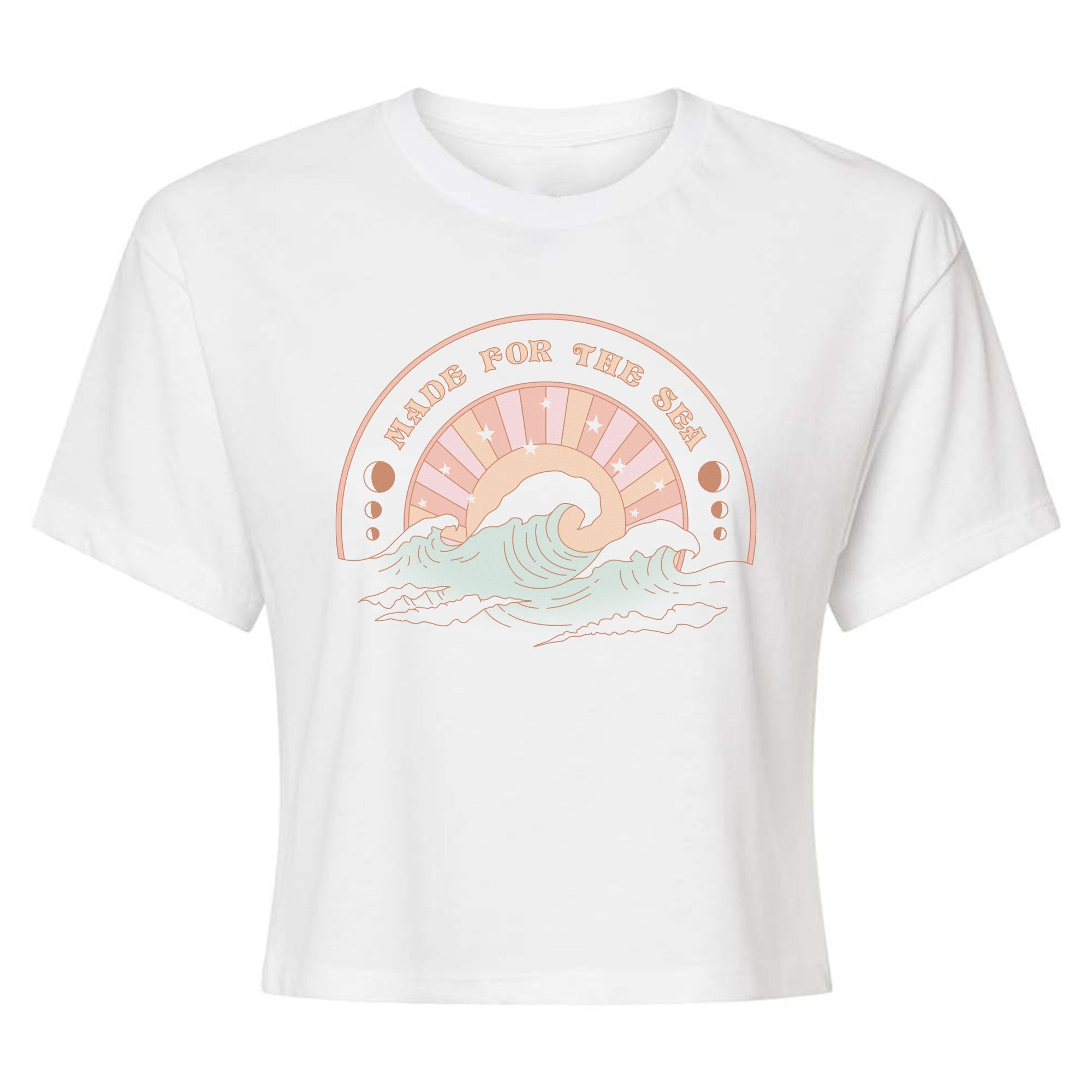Photo of white Tourmaline cropped women's t-shirt, featuring a graphic of a wave with a sunset behind it.