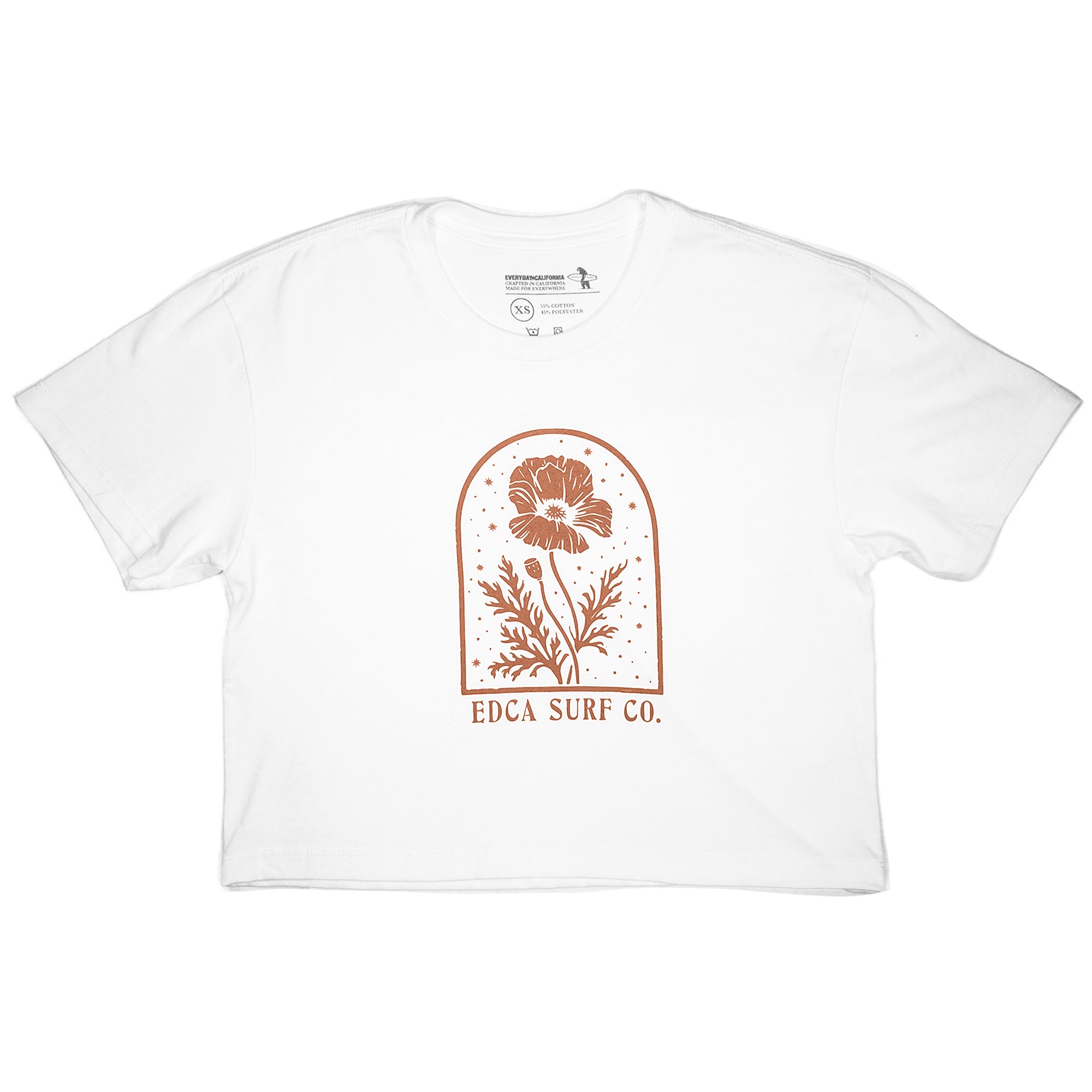White t-shirt with a floral design and 'EDCA Surf Co.' text on a white background