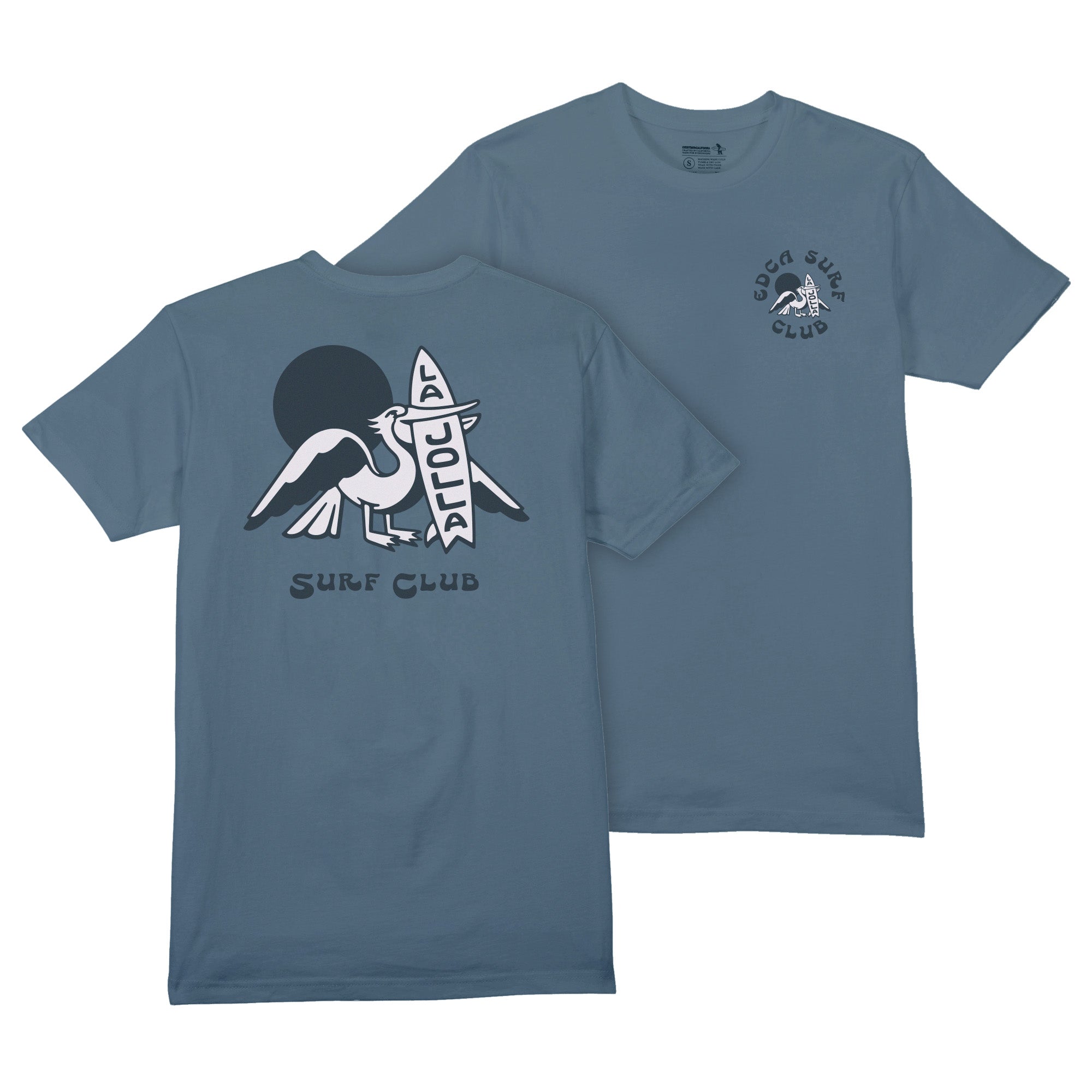 Blue t-shirt with graphic design on front and back on a white background