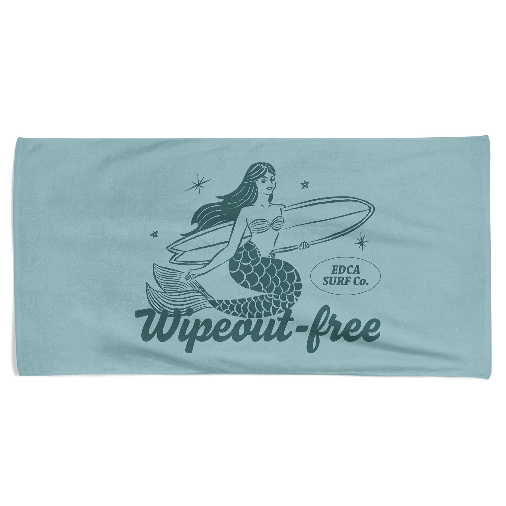 Teal towel with mermaid graphic and 'Wipeout-free' text on a white background