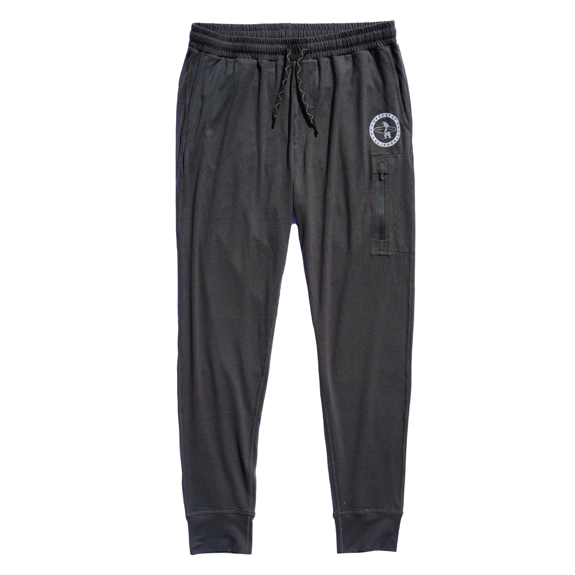 Black Bayside Performance joggers frontside image, featuring a small reflective vinyl logo of a bear holding a surfboard above the zip pocket on the thigh.